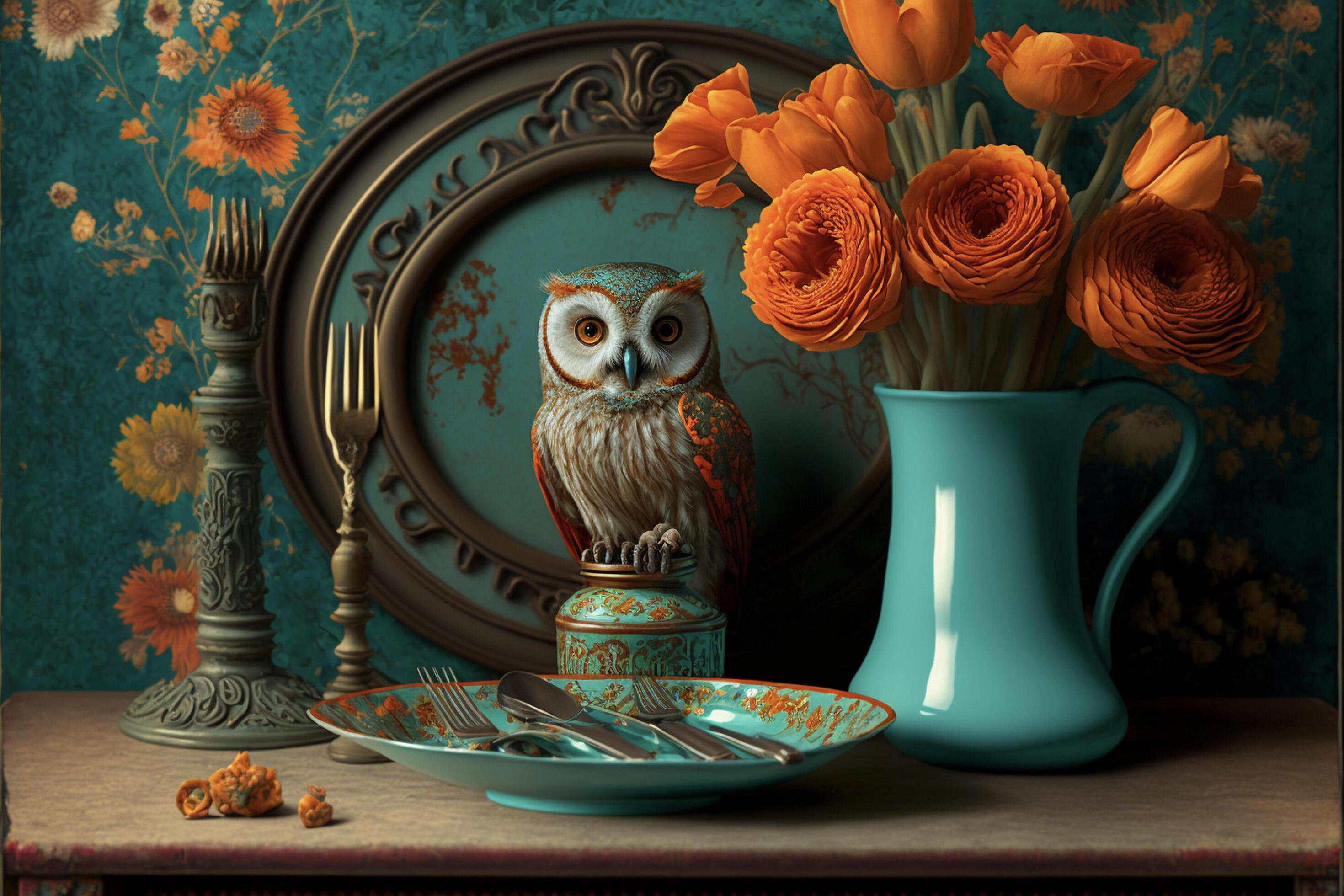 a blue vase with orange flowers and an owl figurine. . Stock Free