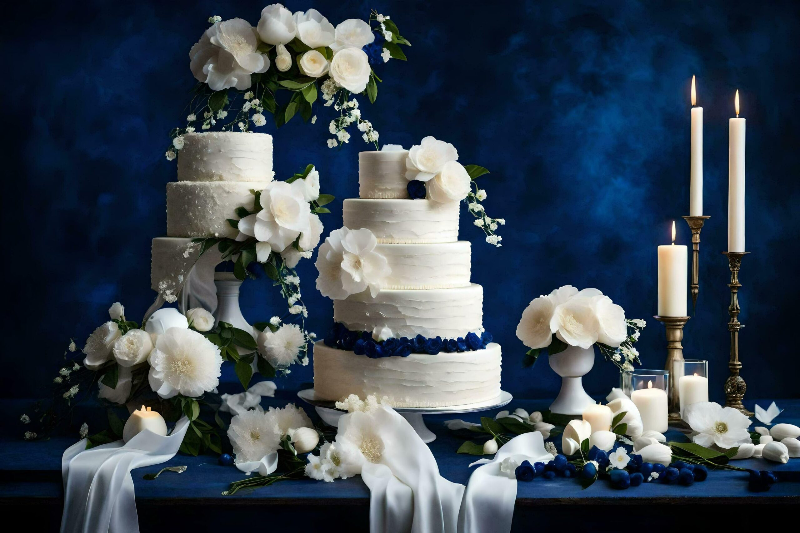 a wedding cake with white flowers and blue ribbon Free Photo