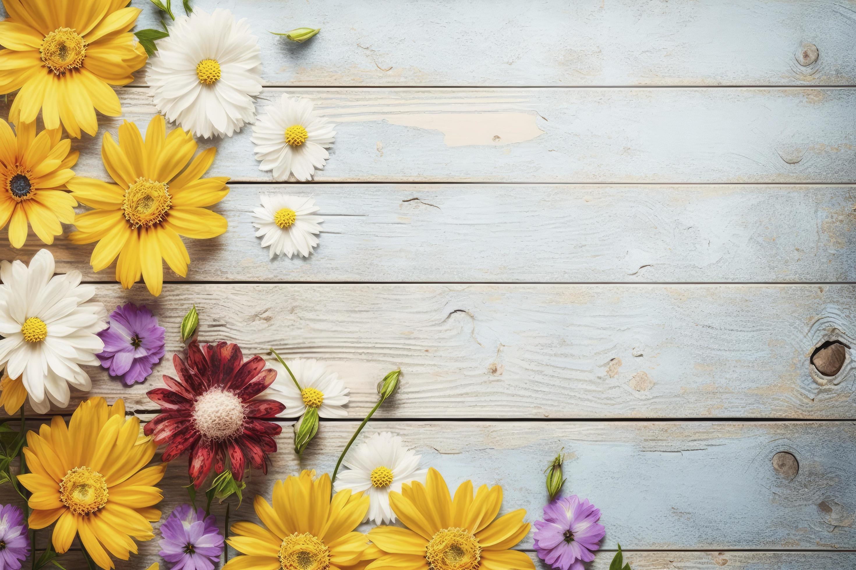 Garden flowers over wooden background stock photo Springtime, generate ai Stock Free