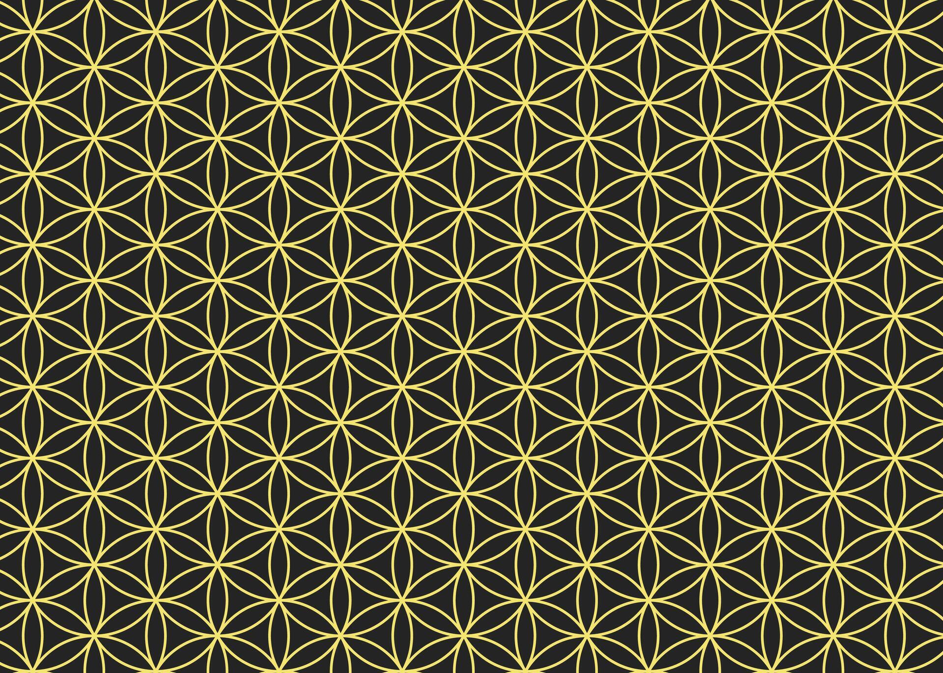 Abstract dark grey and yellow flower of life seamless pattern. Outline genesis sacred geometry texture vector template. Stock Free