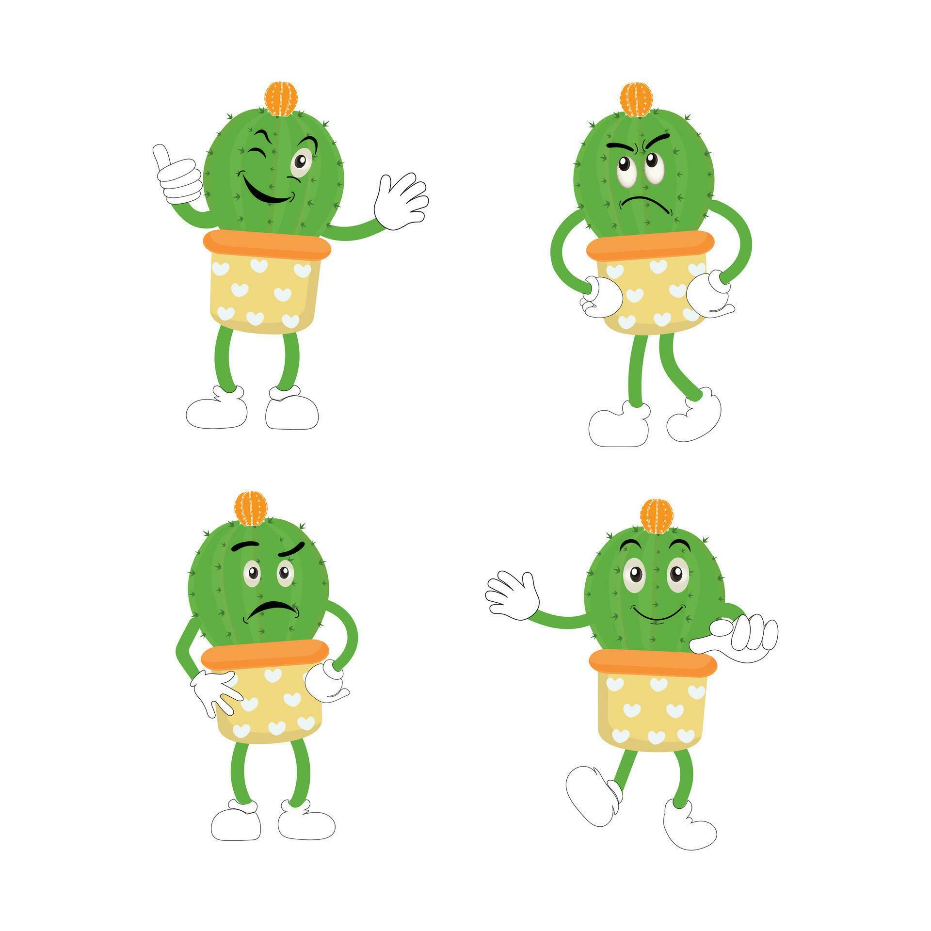 Cartoon cute cactus mascot, Potted cactus characters sett, funny cacti in flower pot with different emotions vector Illustrations on a white background Stock Free