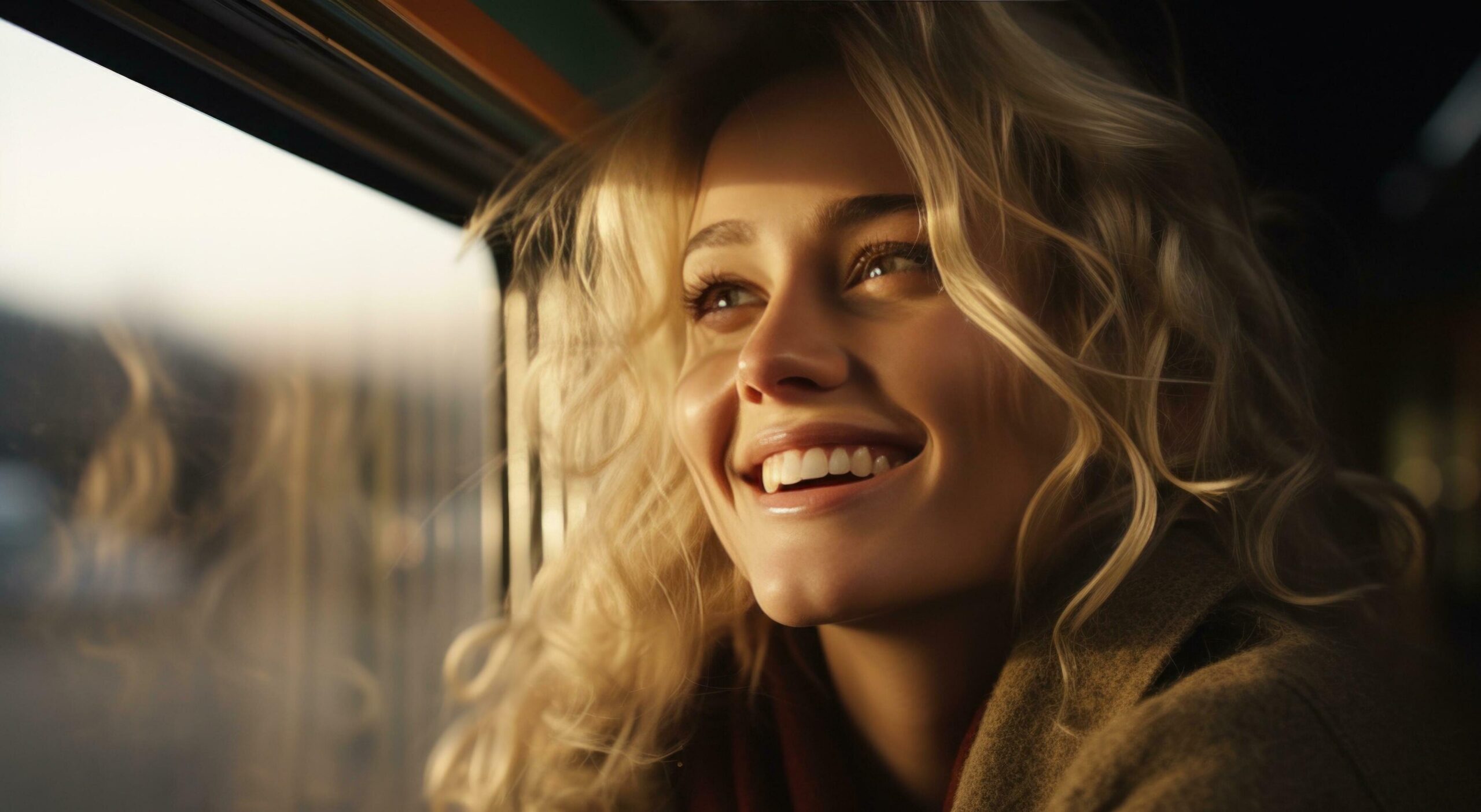 a blond girl smiles out of a window as she boarded a train Free Photo