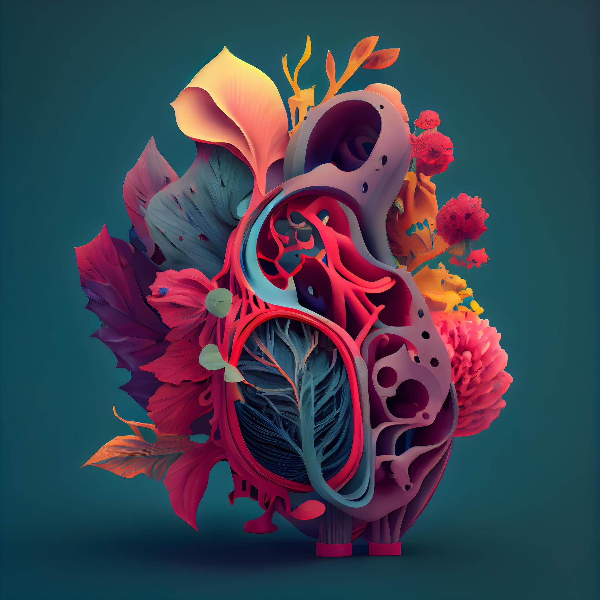 Human heart organ with colorful leaves and flowers. 3d illustration. Stock Free