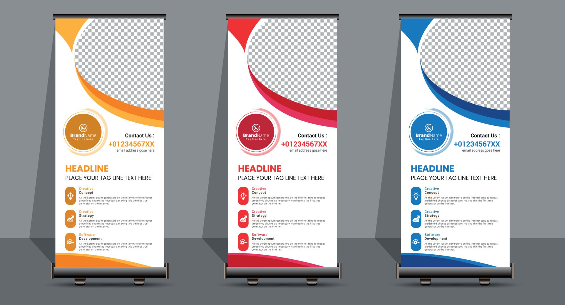 Creative Business Roll Up Signage Banner Template Design. Free Vector