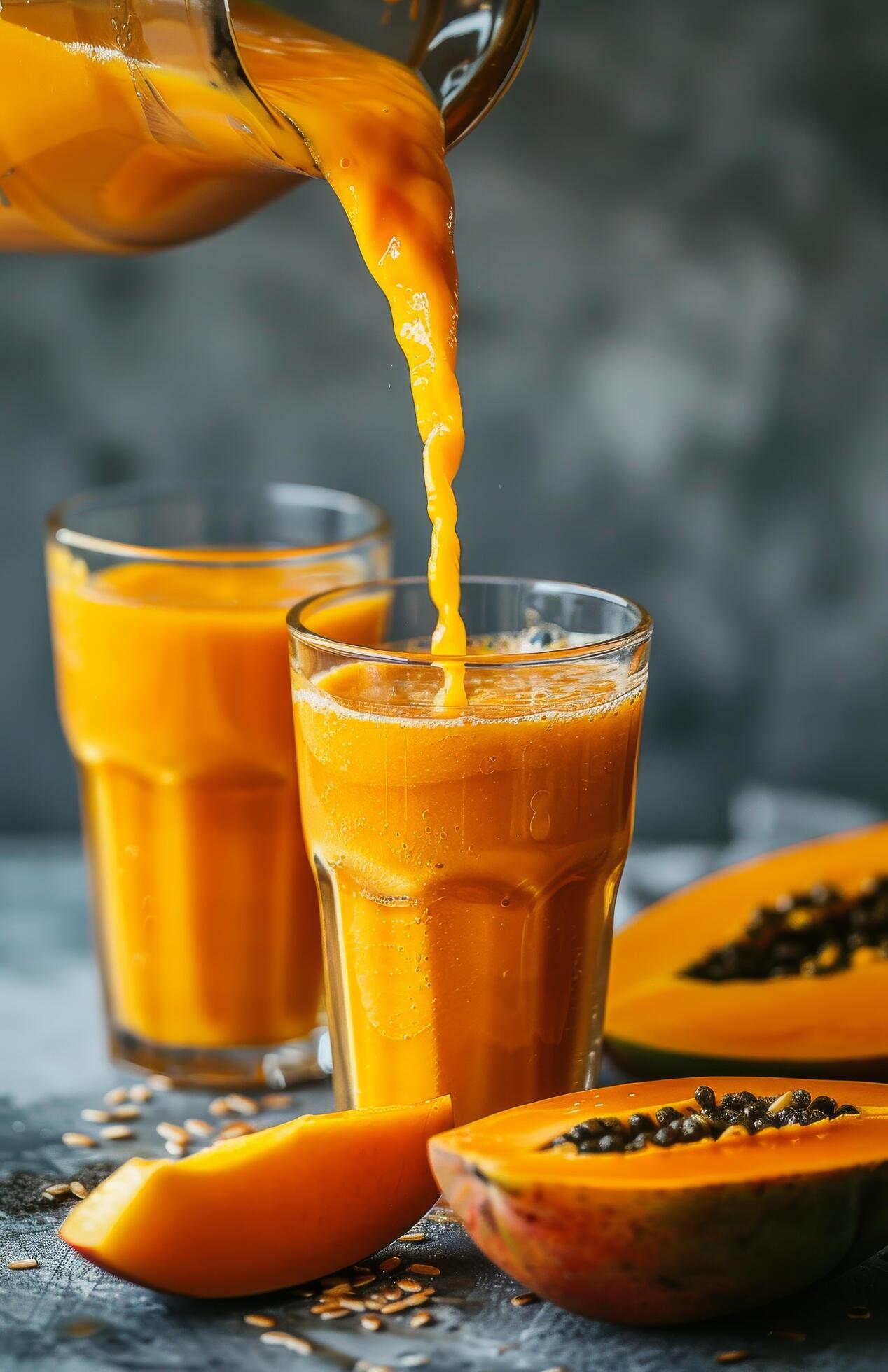 Fresh Papaya Smoothie Being Poured Into Glass on Tabletop Stock Free