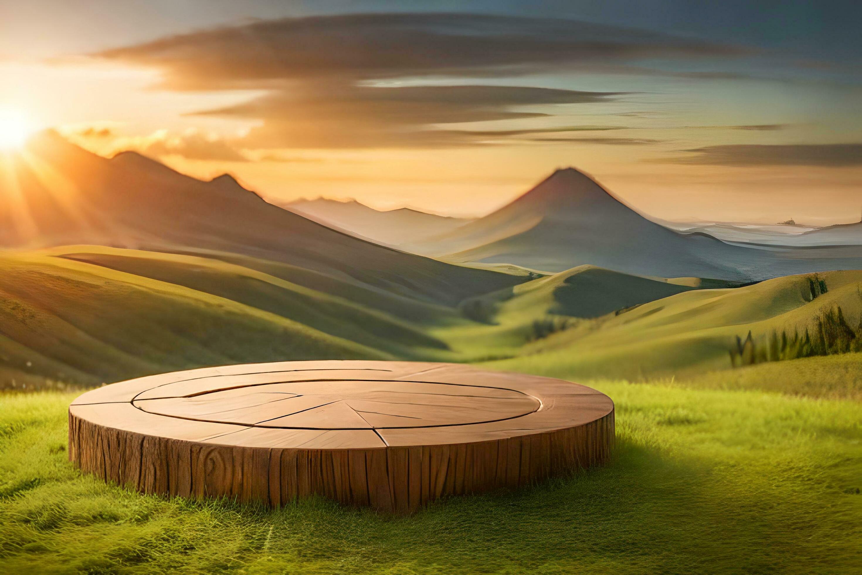 A rustic wood table in the middle of a nature background for product Display Stock Free