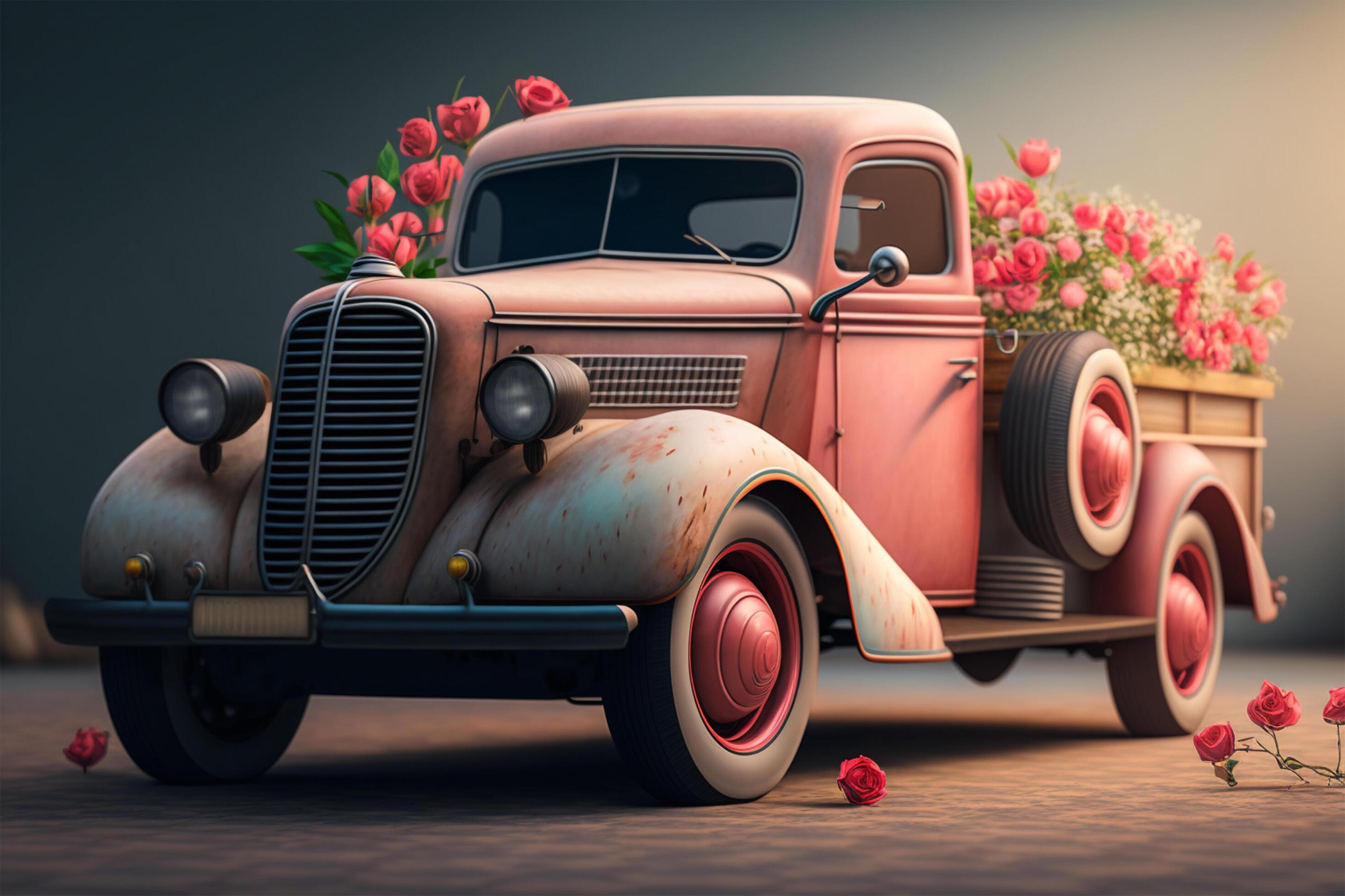 Vintage truck with flowers on isolated background. 3D rendering. Stock Free