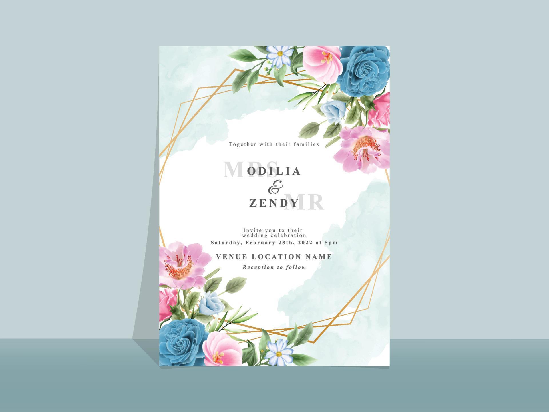 Beautiful blue and pink flowers wedding invitation card Stock Free