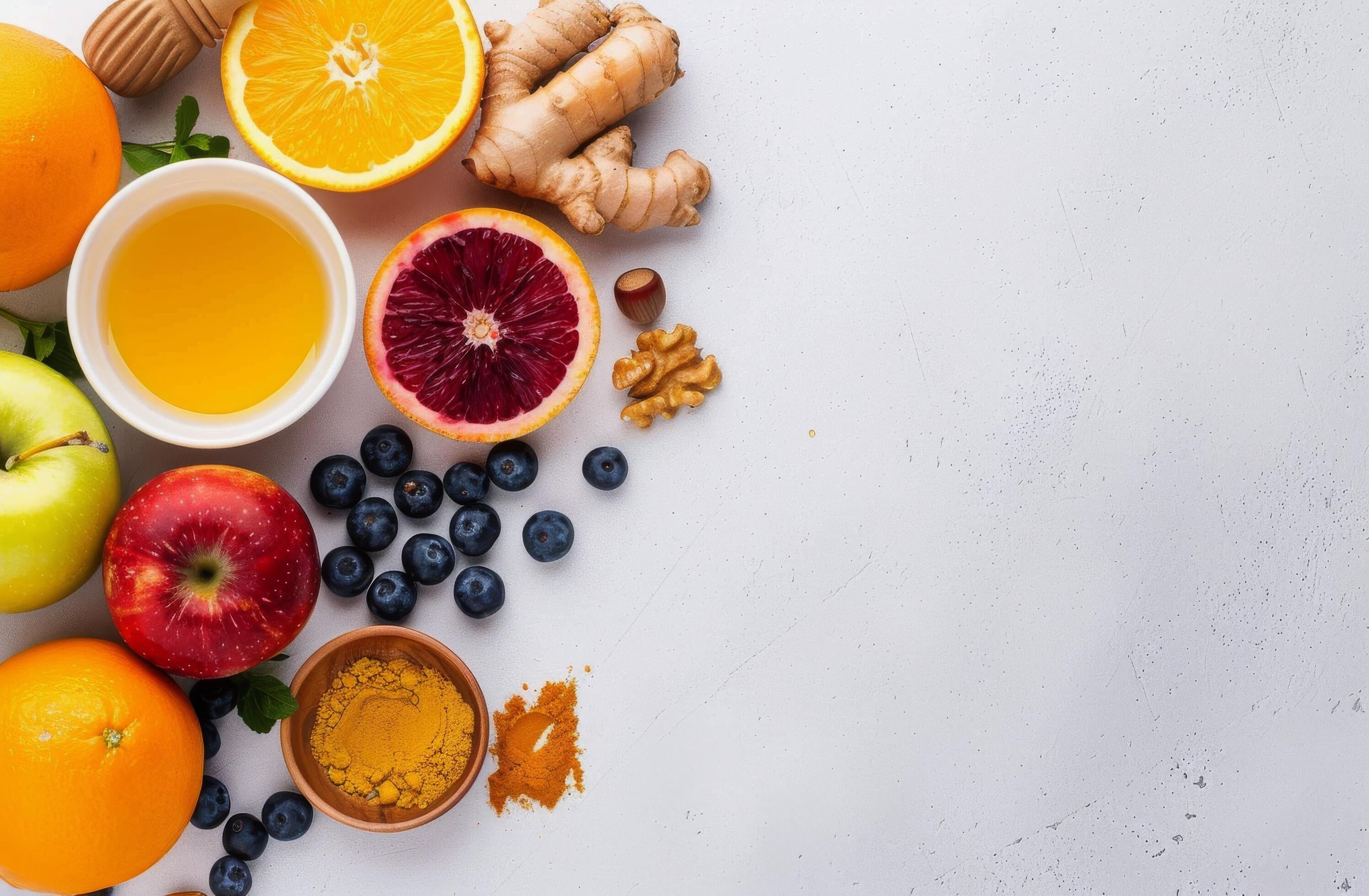 Citrus Fruit, Honey, Ginger, and Blueberries on White Background Stock Free