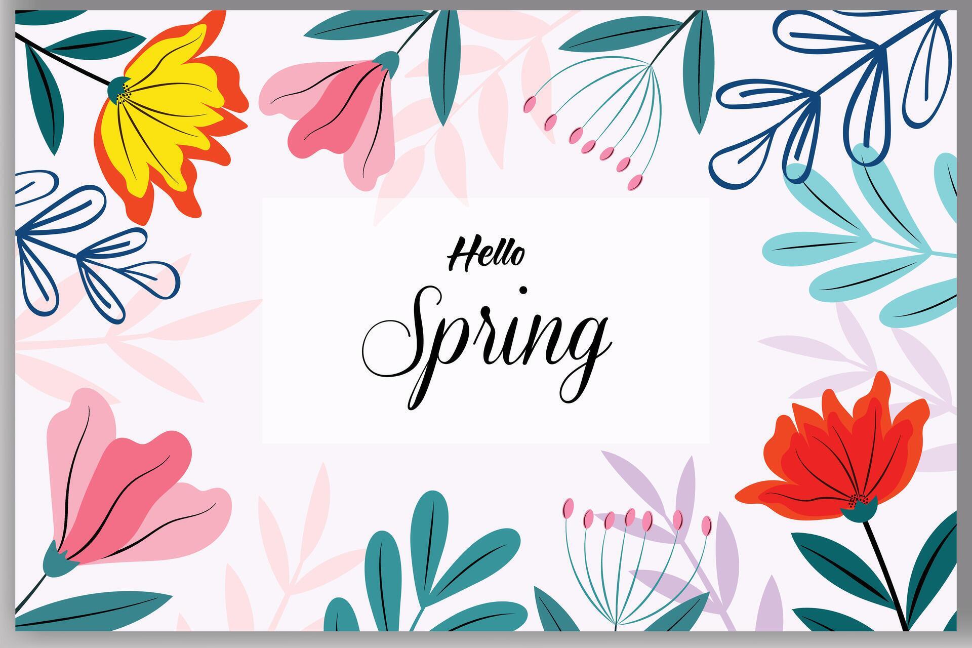 Hello Spring lettering and colorful flowers banners design Stock Free