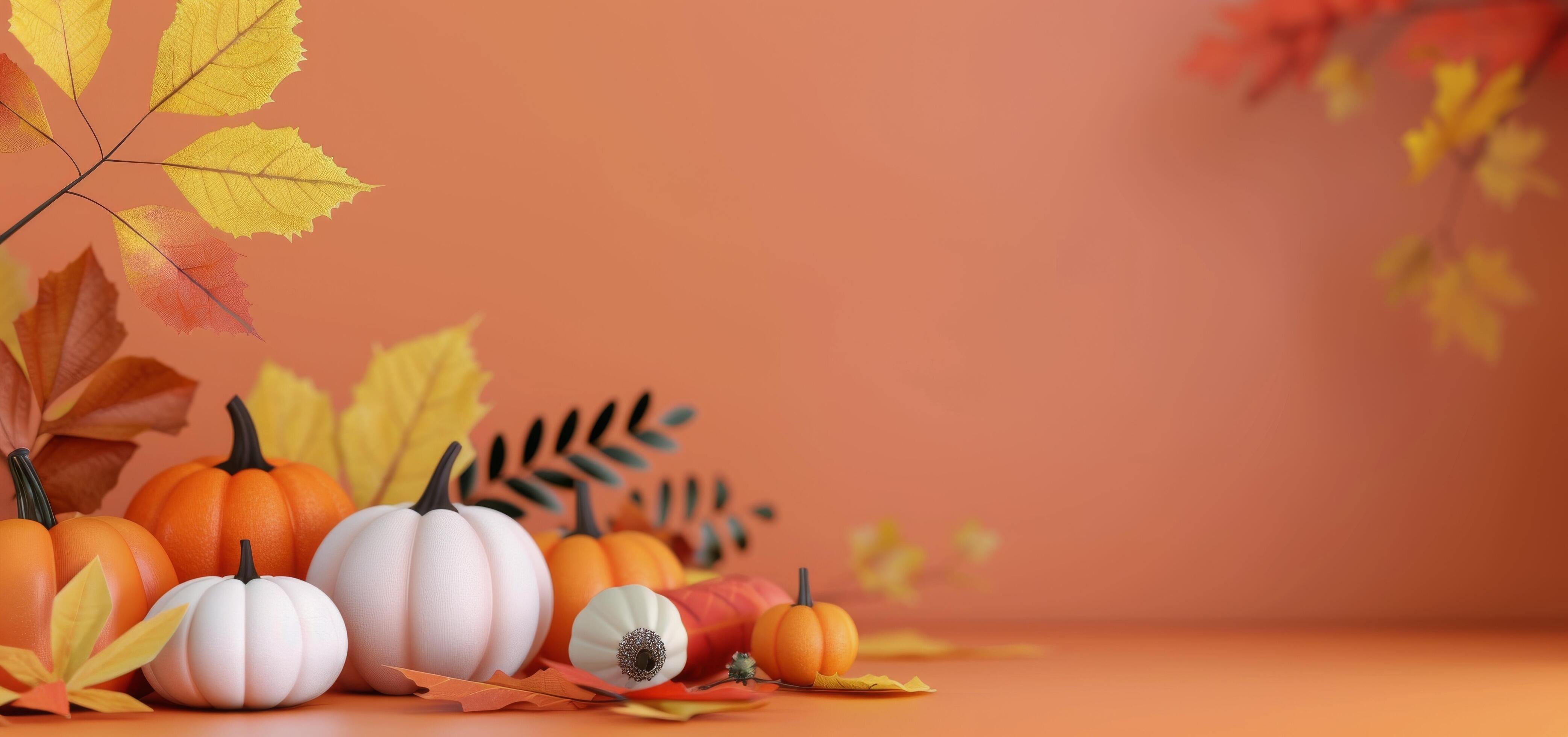 Autumn Decor With Colorful Pumpkins And Fall Leaves On Orange Background Stock Free