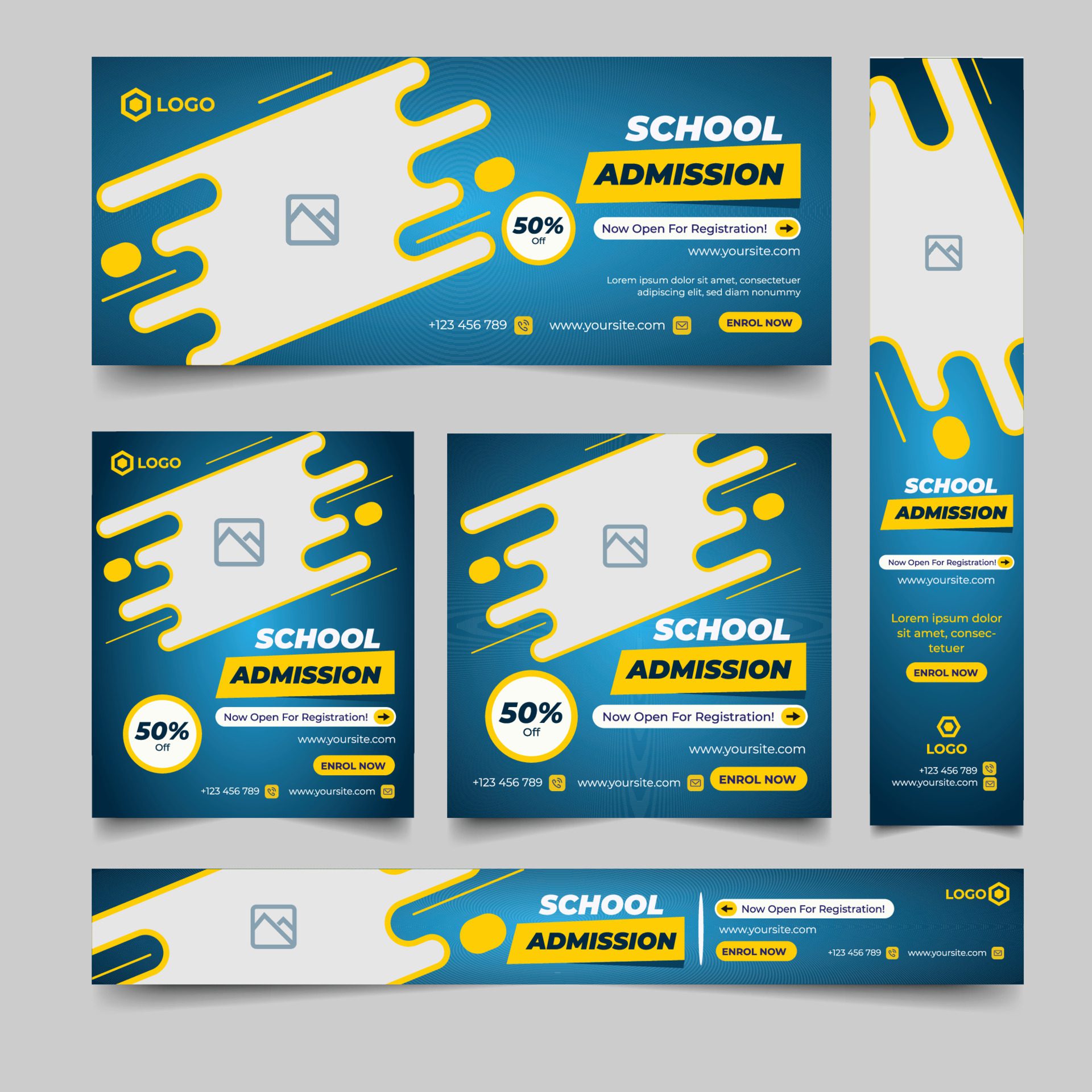 School admission banner design set of different sizes with diagonal red elements and a place for photos. Free Vector