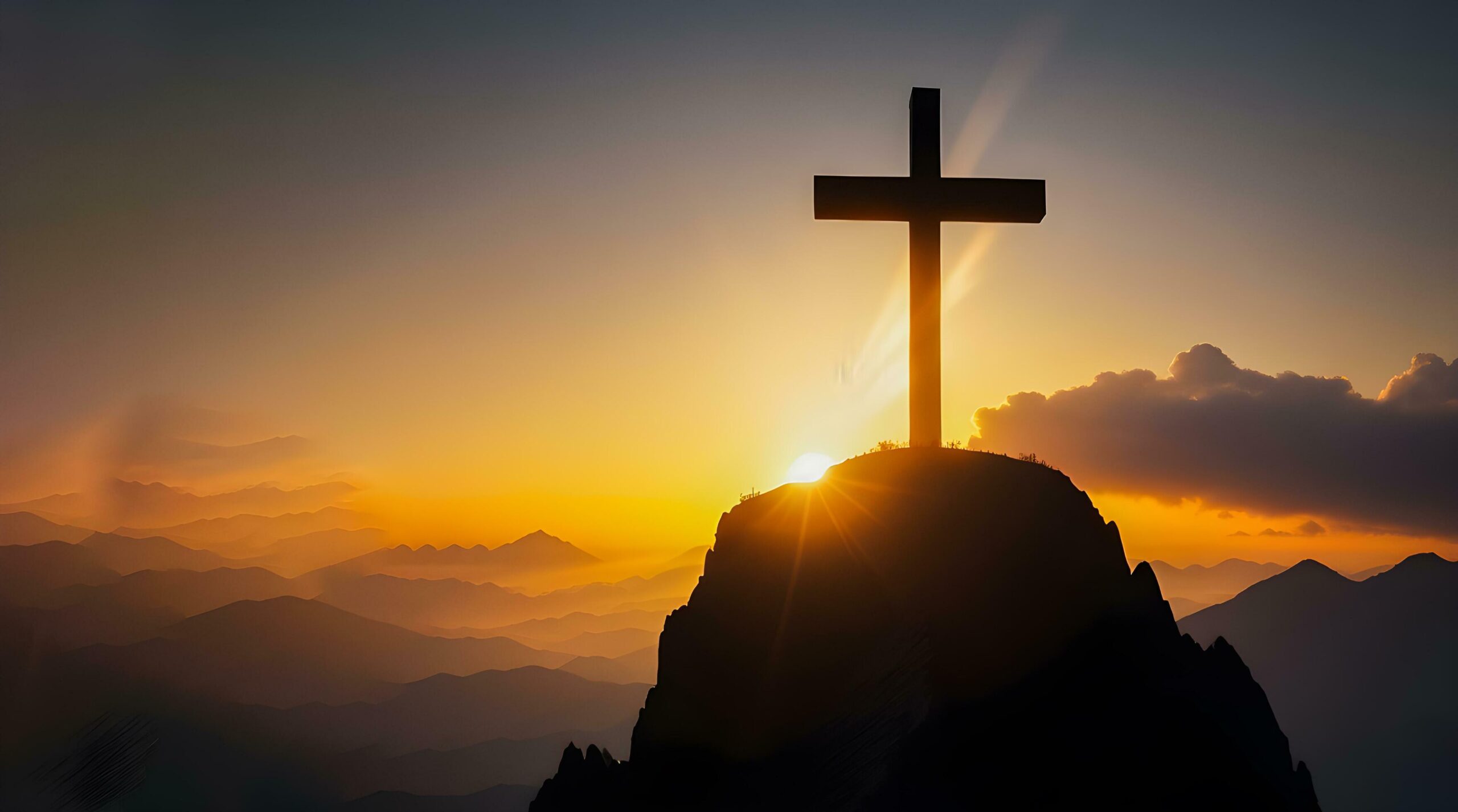 The cross is located on the mountain top, with a sunset background. generate ai Free Photo