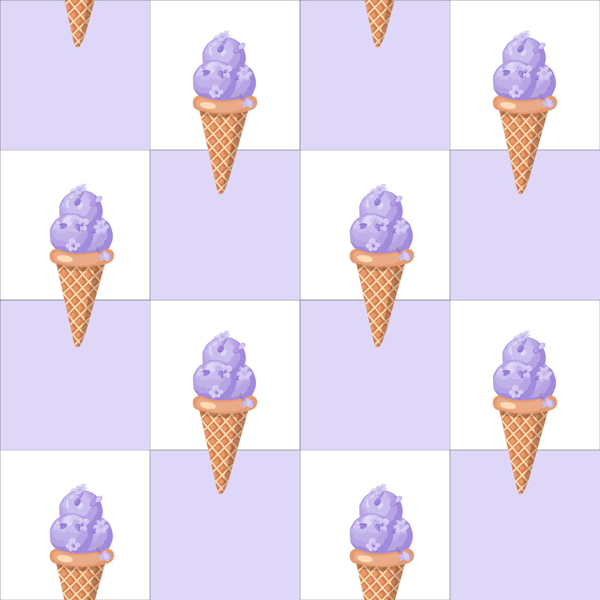 Lavender ice cream. Three scoops of creamy sweet dessert in a waffle cone. Purple sorbet. Seamless pattern. illustration. Free Vector