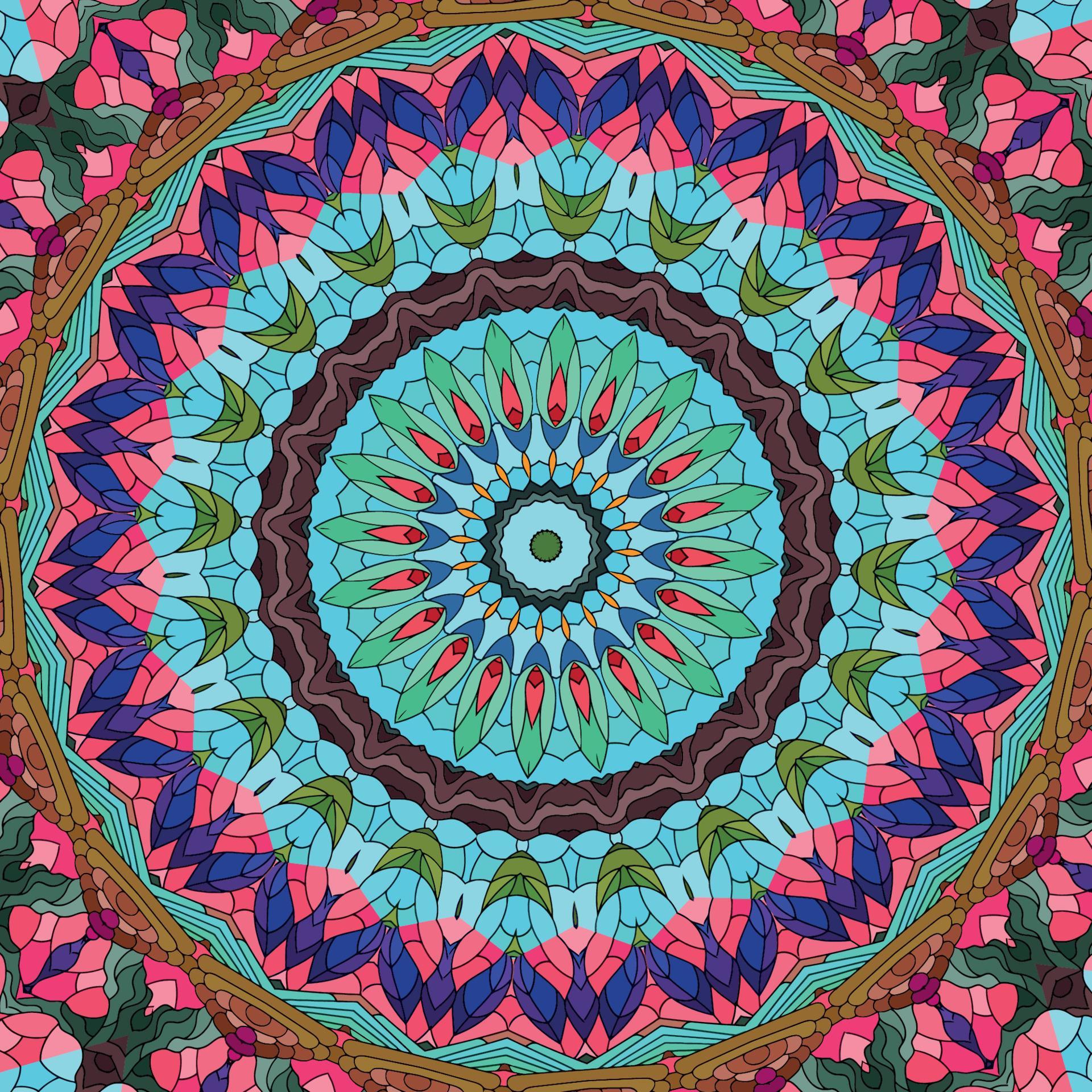 A colorful mandala with a pattern of leaves and flowers Pattern Background Stock Free