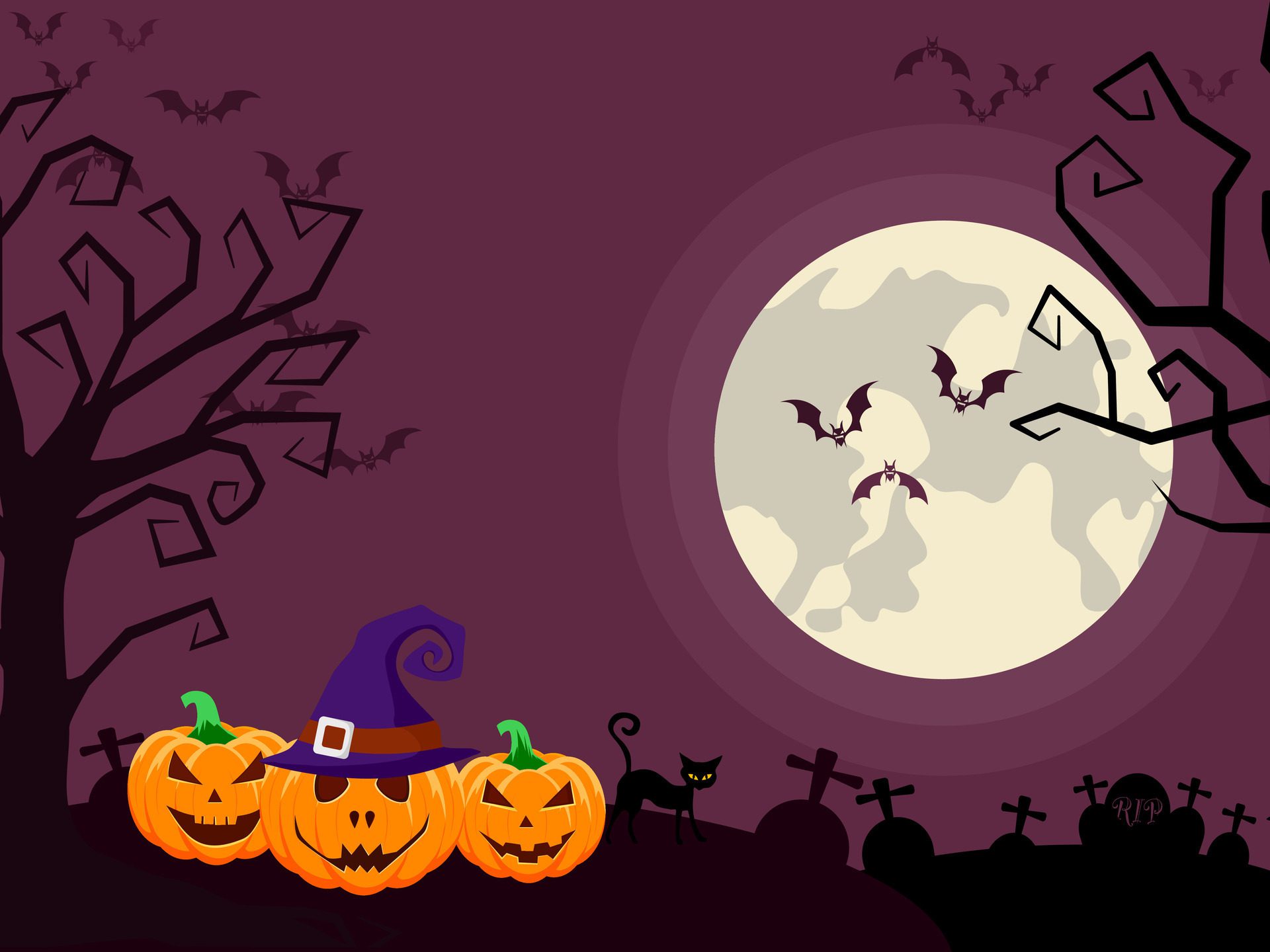 Halloween Banner with Orange Pumpkin and black cat. Full Moon Night in Forest Free Vector