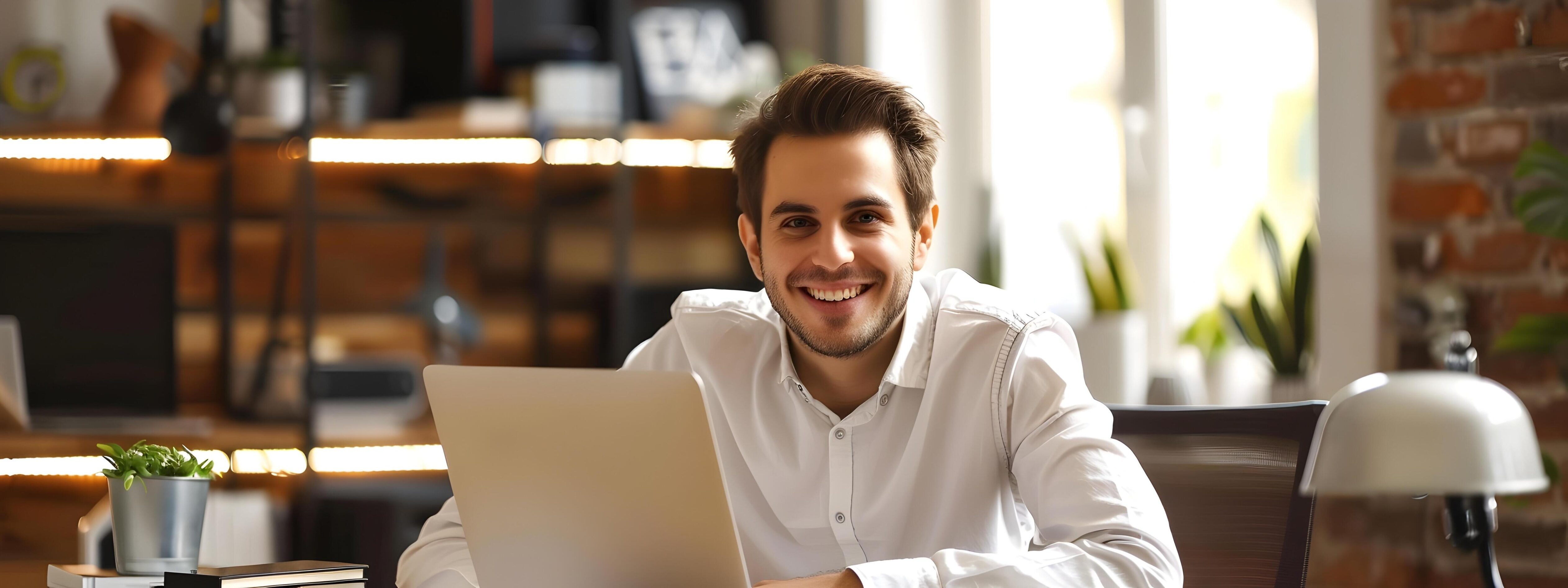 Hardworking Young Executive Happily Using Laptop at Office Desk Stock Free