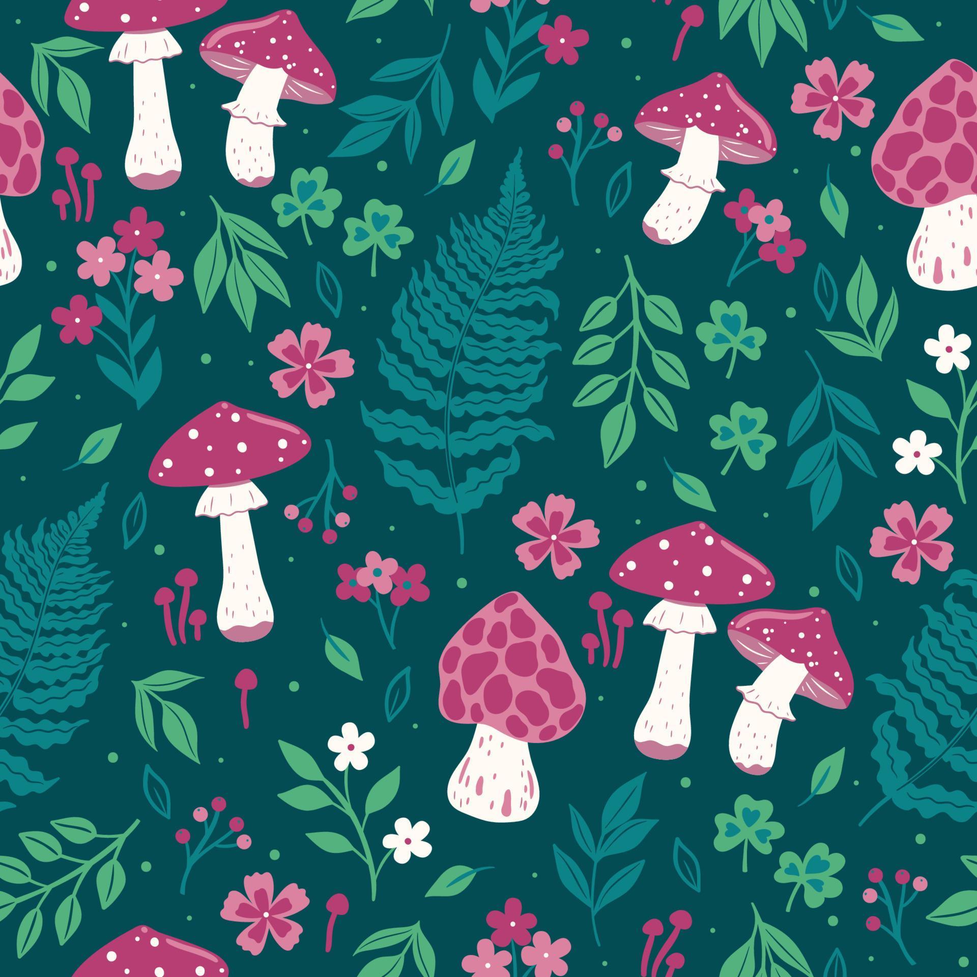 Seamless pattern with mushrooms and flowers. Vector graphics. Stock Free