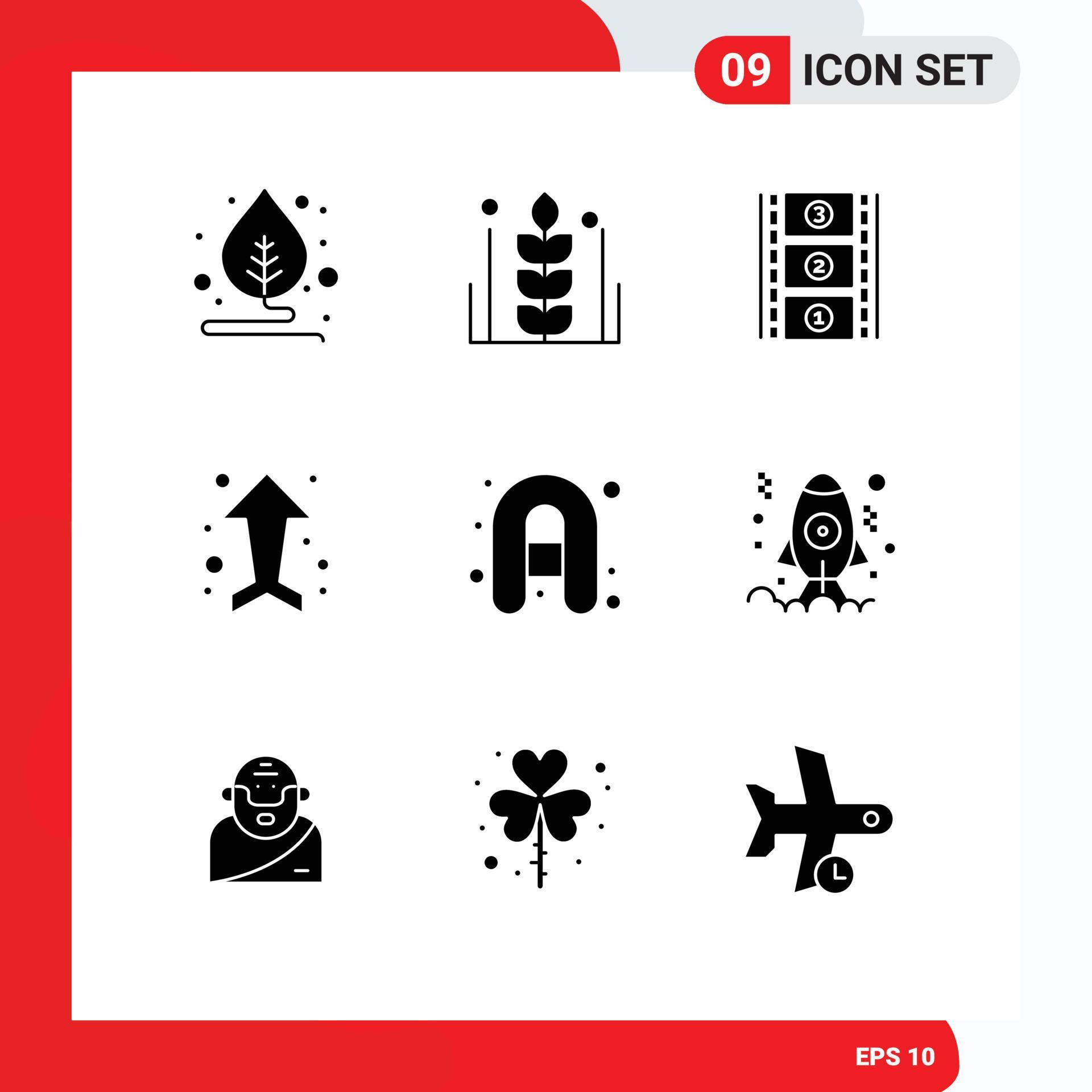 Group of 9 Modern Solid Glyphs Set for travel inflatable boat film reel direction arrows Editable Vector Design Elements Stock Free