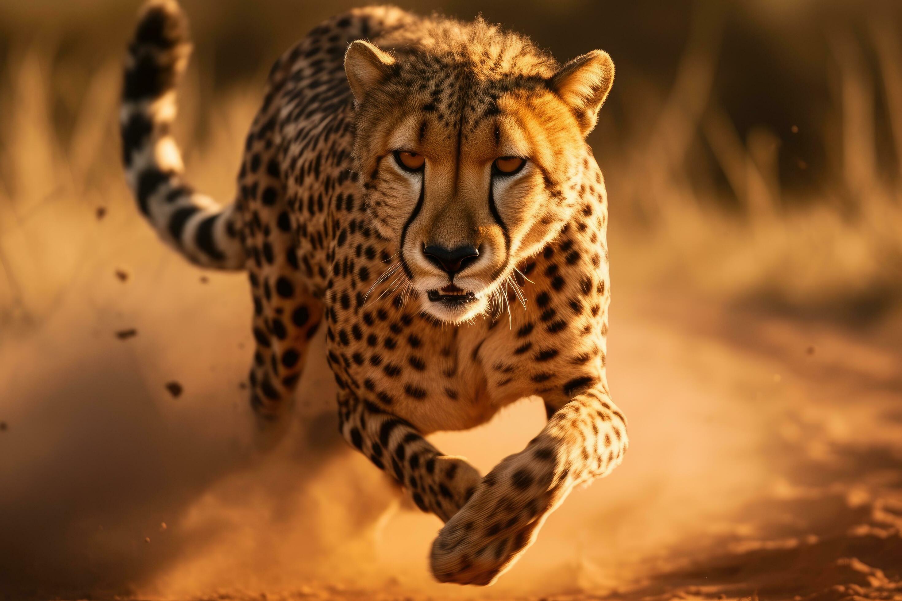 Cheetah running in dust in Kruger Park, South Africa, Specie Acinonyx jubatus family of Felidae, a cheetah running closeup, AI Generated Stock Free