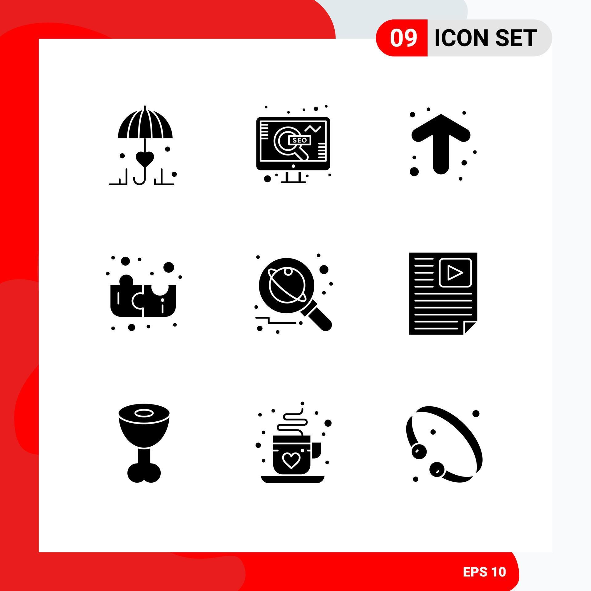 Pack of 9 creative Solid Glyphs of research astronomy arrow strategy education Editable Vector Design Elements Stock Free