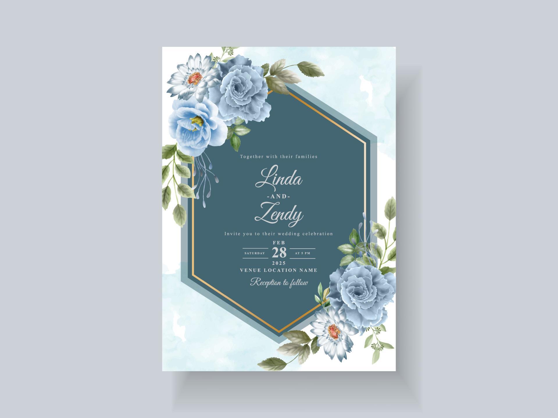 Beautiful blue flowers wedding invitation card template Stock Free