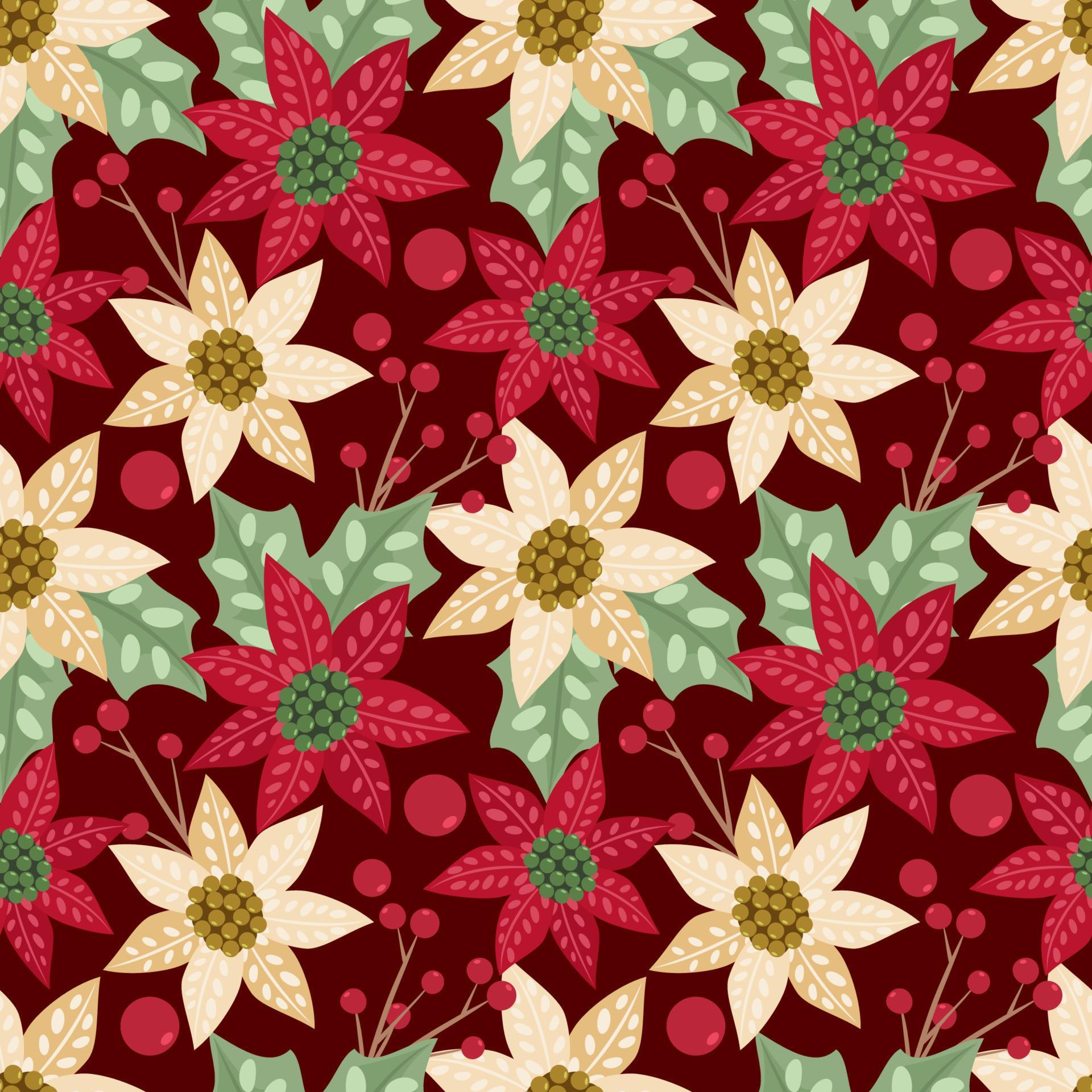 Sweet Flowers Hand Drawn Seamless Christmas Floral and Leave Pattern Stock Free