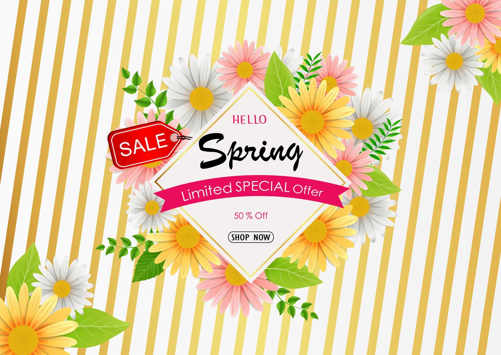 Spring sale background banner with beautiful colorful flower Stock Free