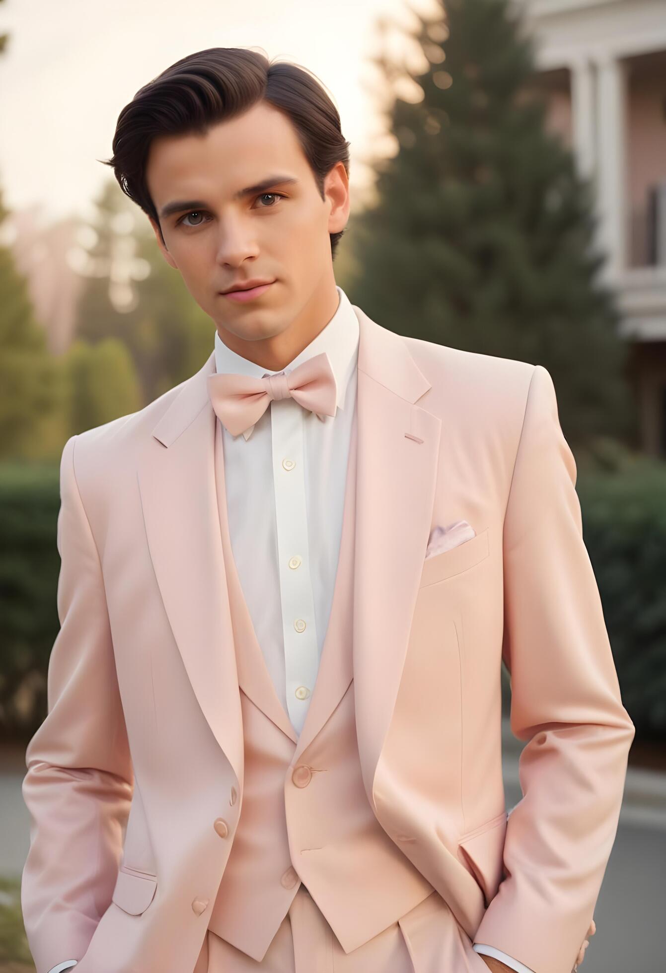 portrait of a handsome young man in pink suit and bow tie posing outdoor Stock Free