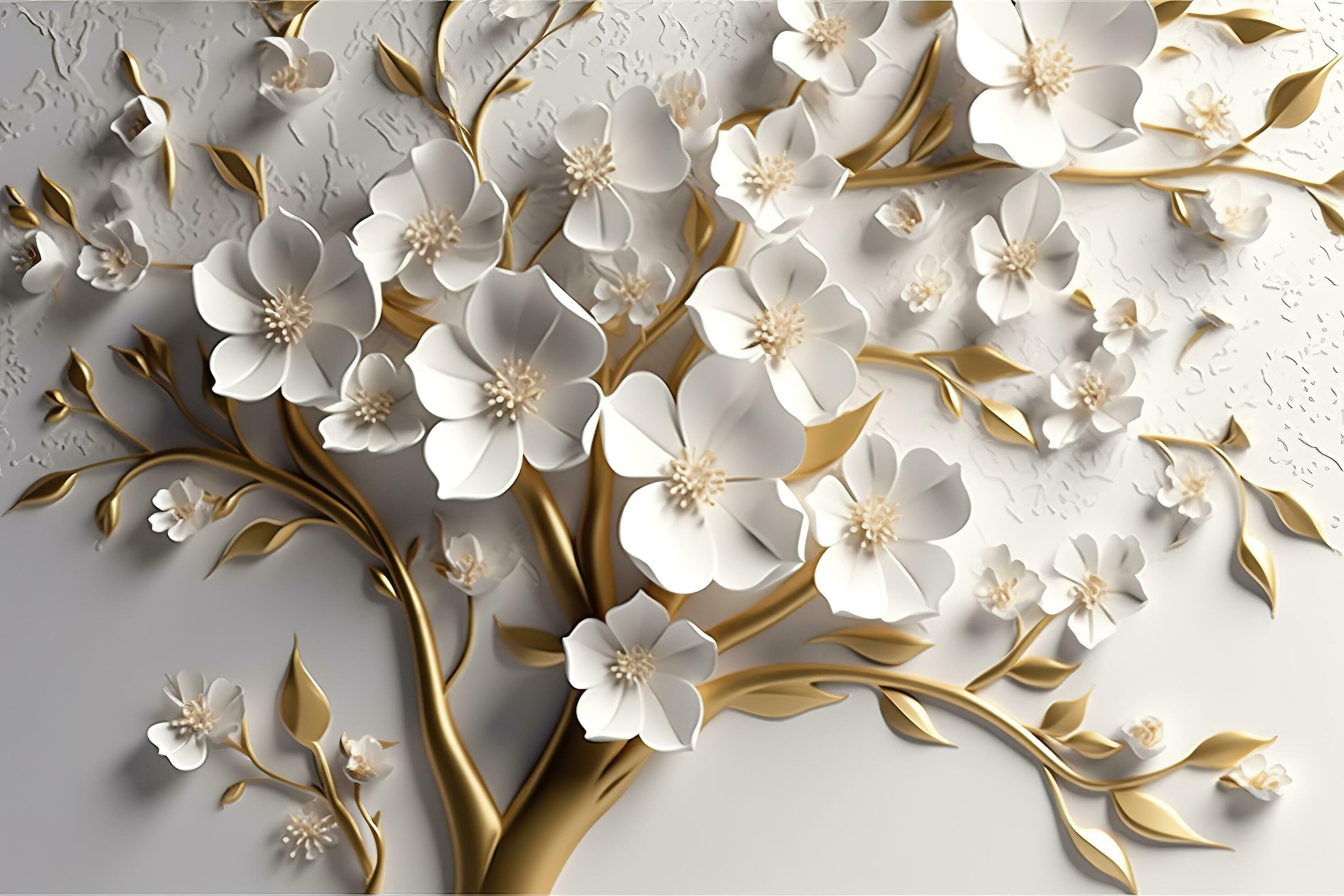 3d wallpaper floral tree background with white flower leaves and golden stem. interior wall home decor, generate ai Stock Free