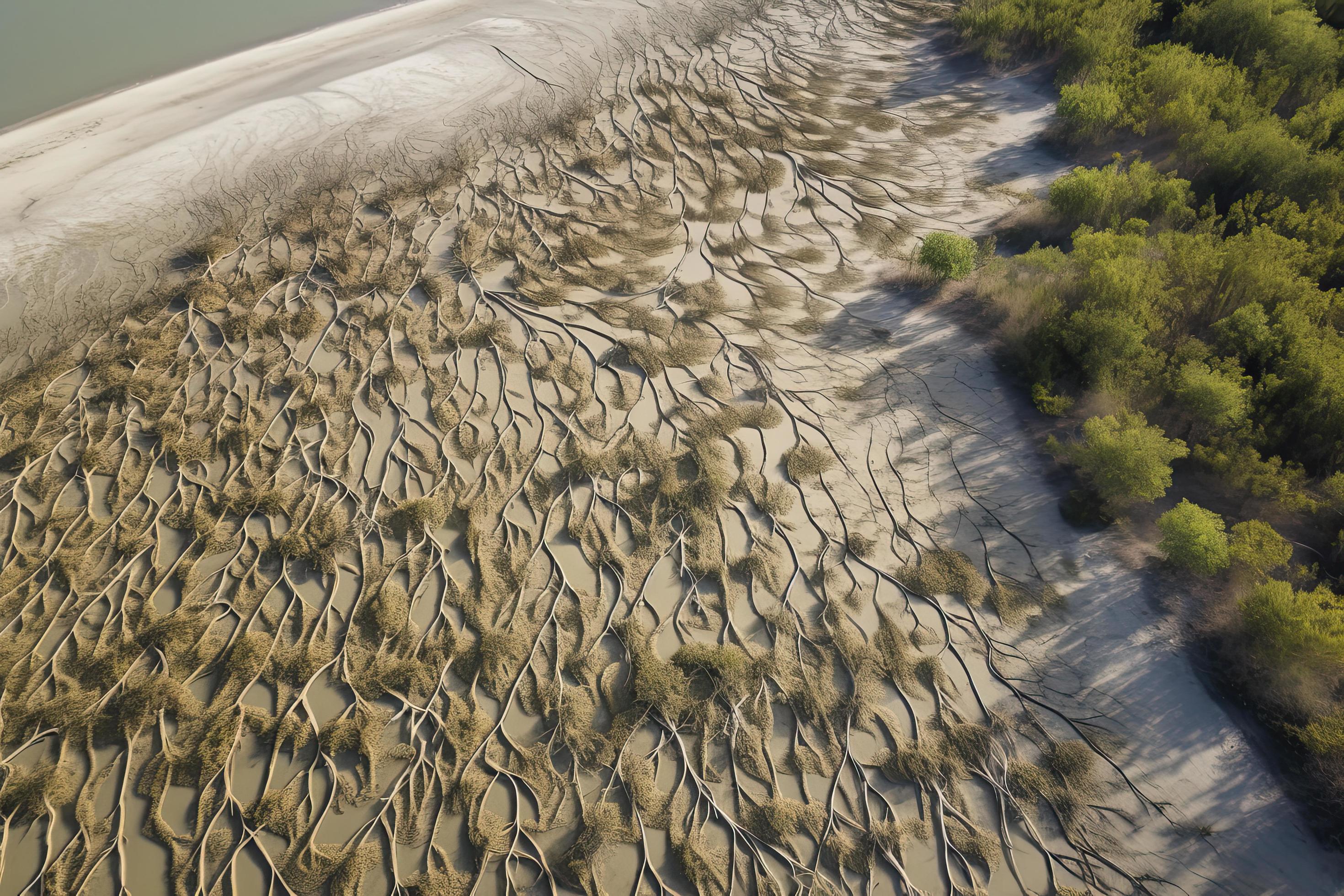 Aerial view of natural patterns in the sand at low tide near mangrove tree forest. Stock Free