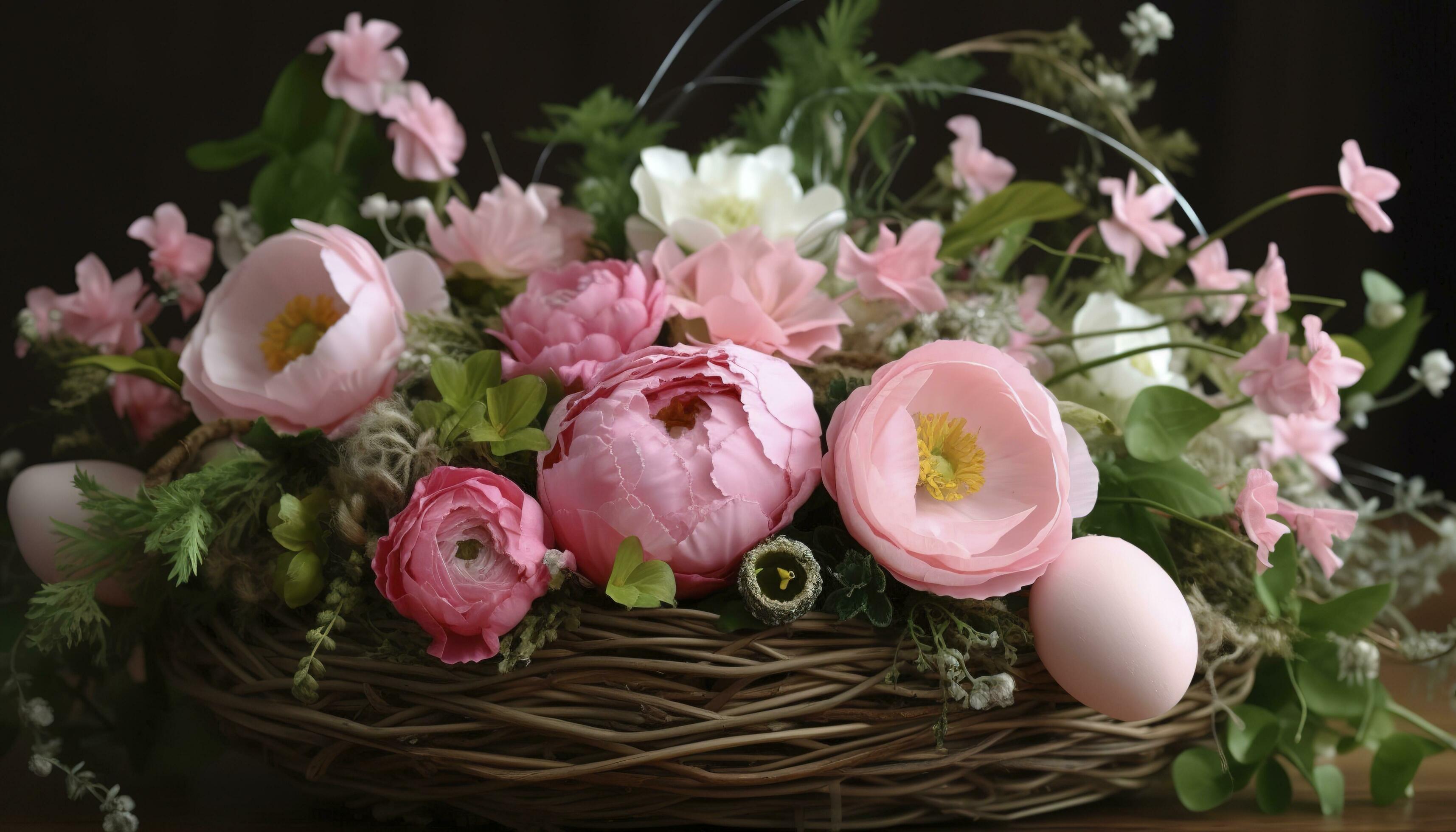 Pink Spring Flower Arrangement, Easter Decoration, generate ai Stock Free