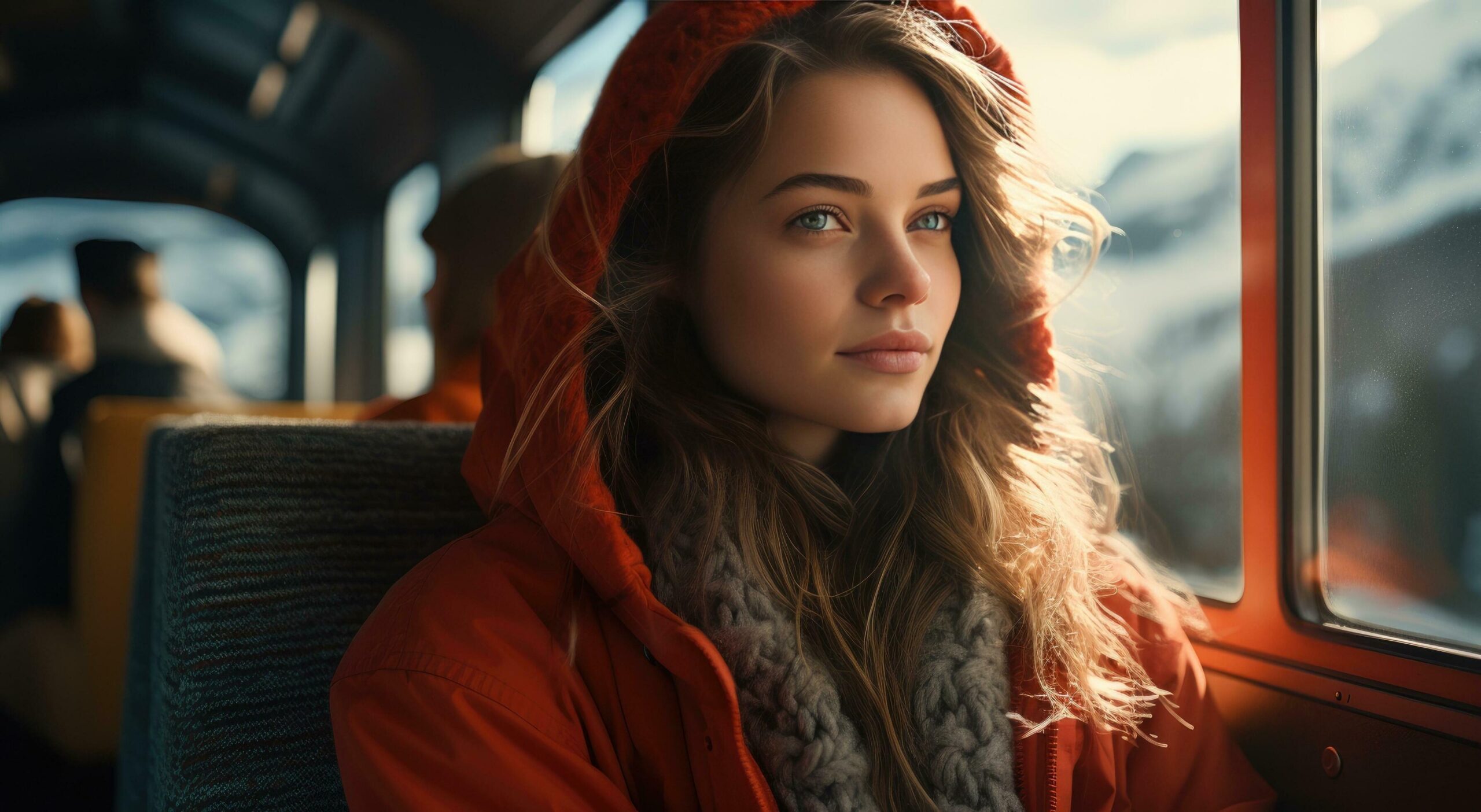 woman is sitting in overcrowded train looking at mountains Free Photo