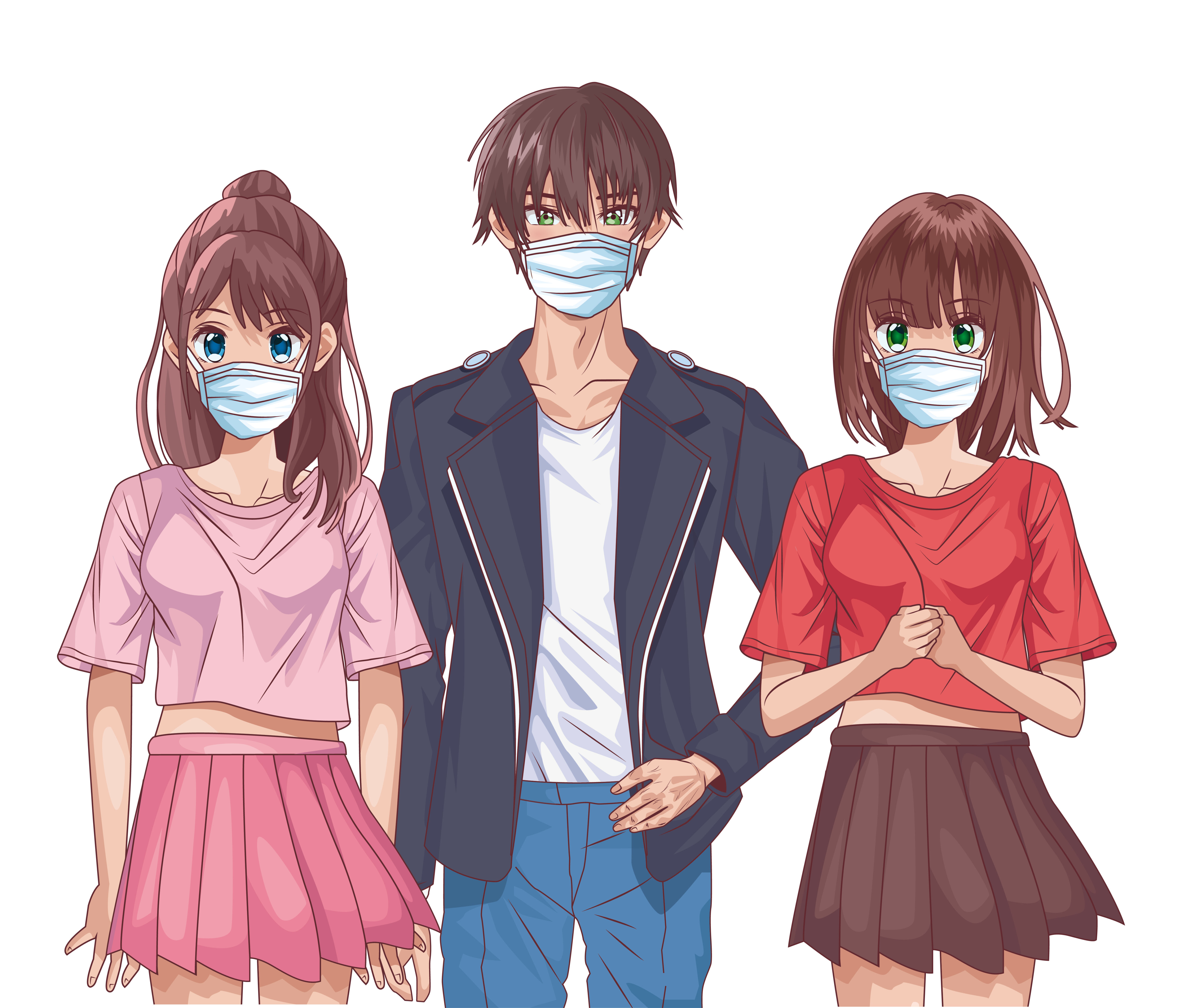 young people using face masks anime characters Free Vector