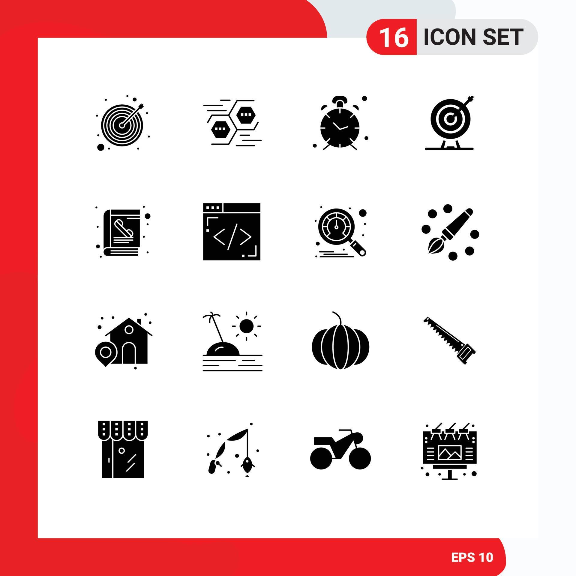 Modern Set of 16 Solid Glyphs Pictograph of arrow dart digital target reminder Editable Vector Design Elements Stock Free