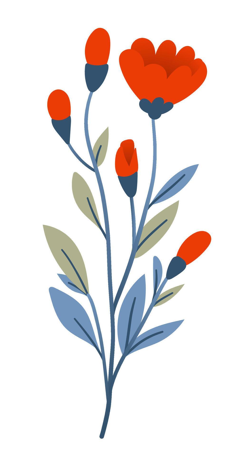 Bouquet of plants and red flowers in flat style on white background. Meadow flowers and grasses, leaves and poppies. Vector illustration Stock Free