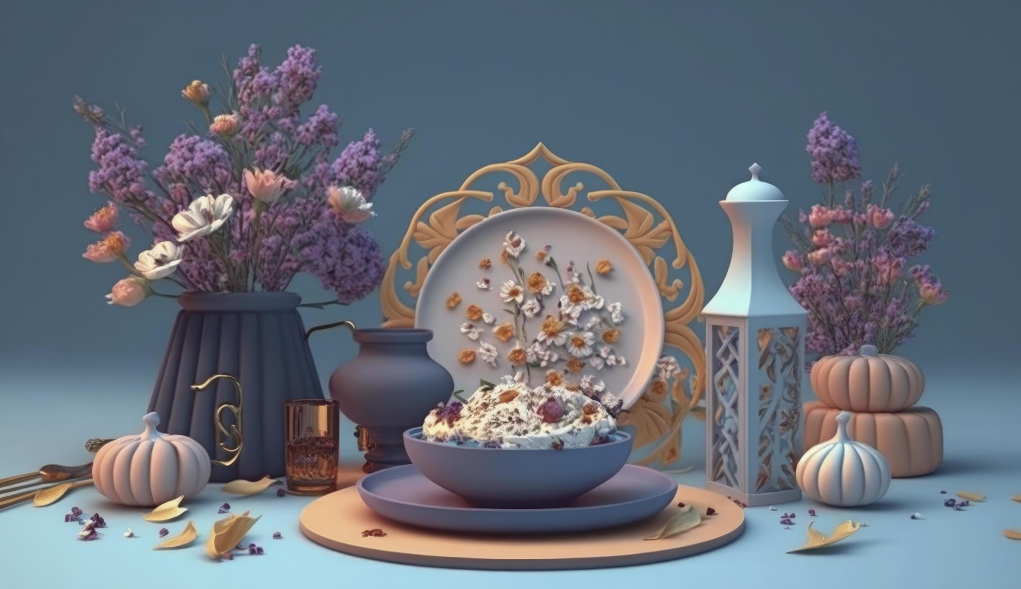 Iftar meals and gatherings with flowers , pastel colors, on blue background. Creativity of human.3d render and illustration, Generate Ai Stock Free