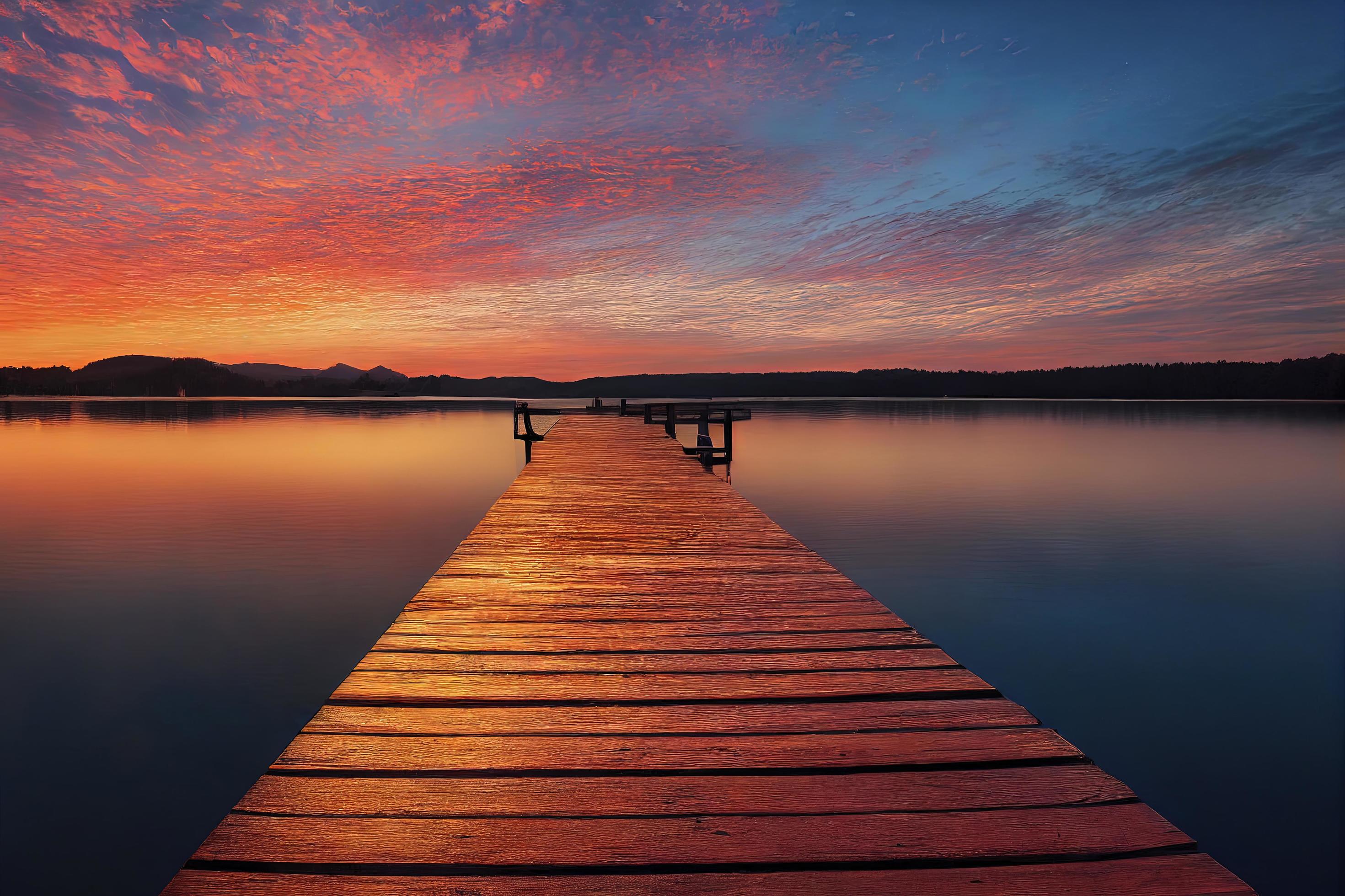 colorfull wooden pier on a lake that is totally calm during sunset Stock Free