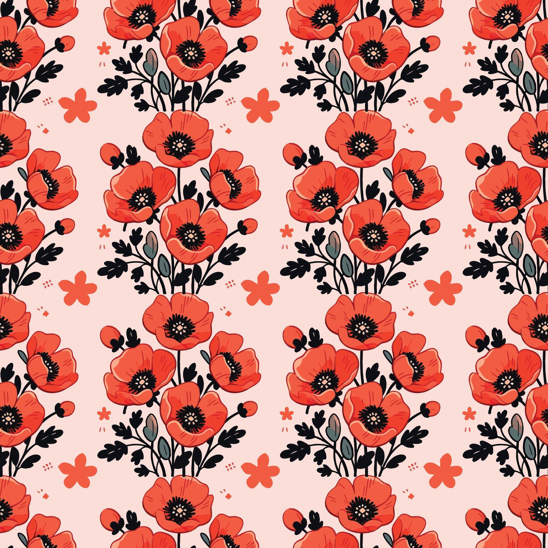 Red flowers with leaves Seamless Pattern Design Stock Free