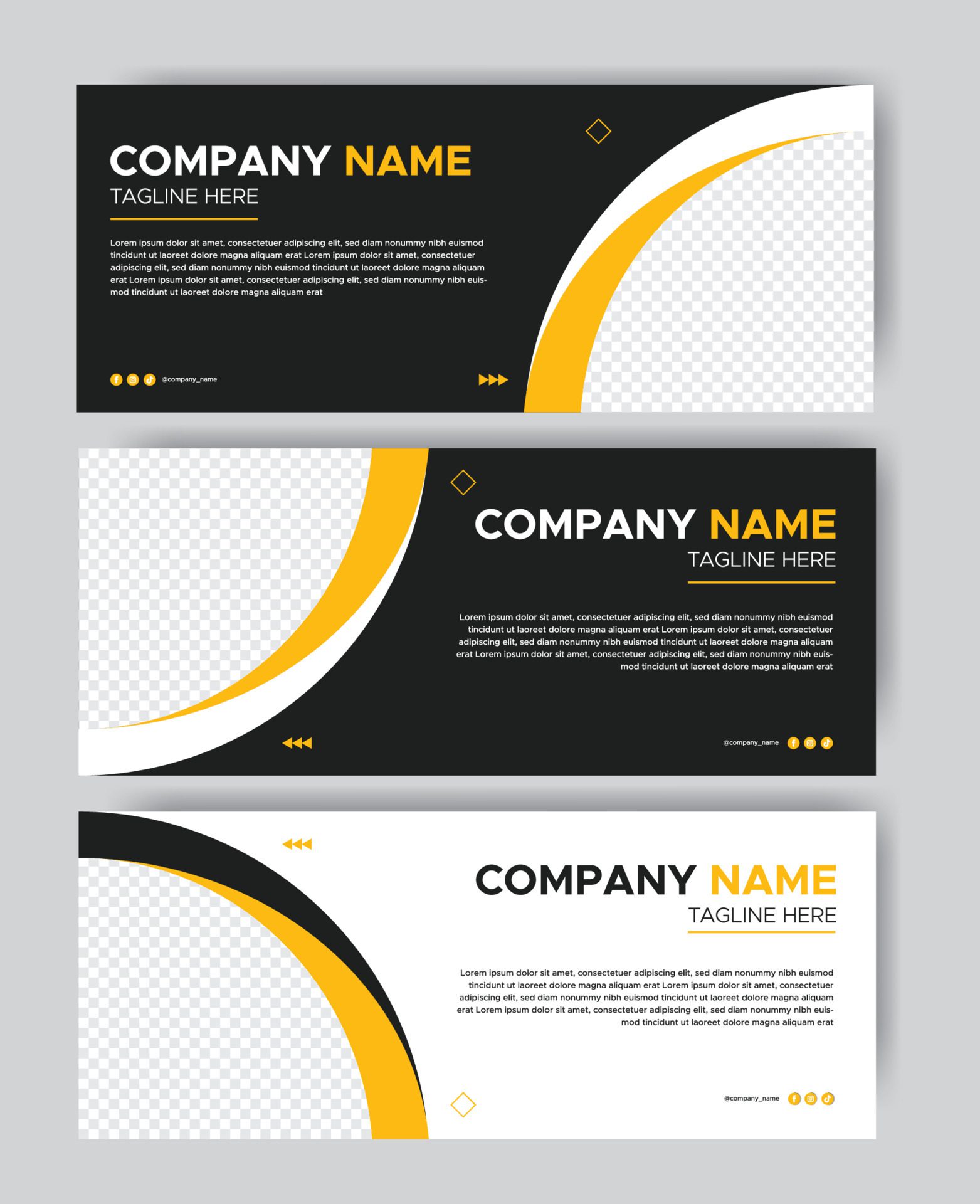 Set of abstract vector banners design template. modern template design for web, ads, flyer, poster with 3 variation yellow, black and white combination. Free Vector