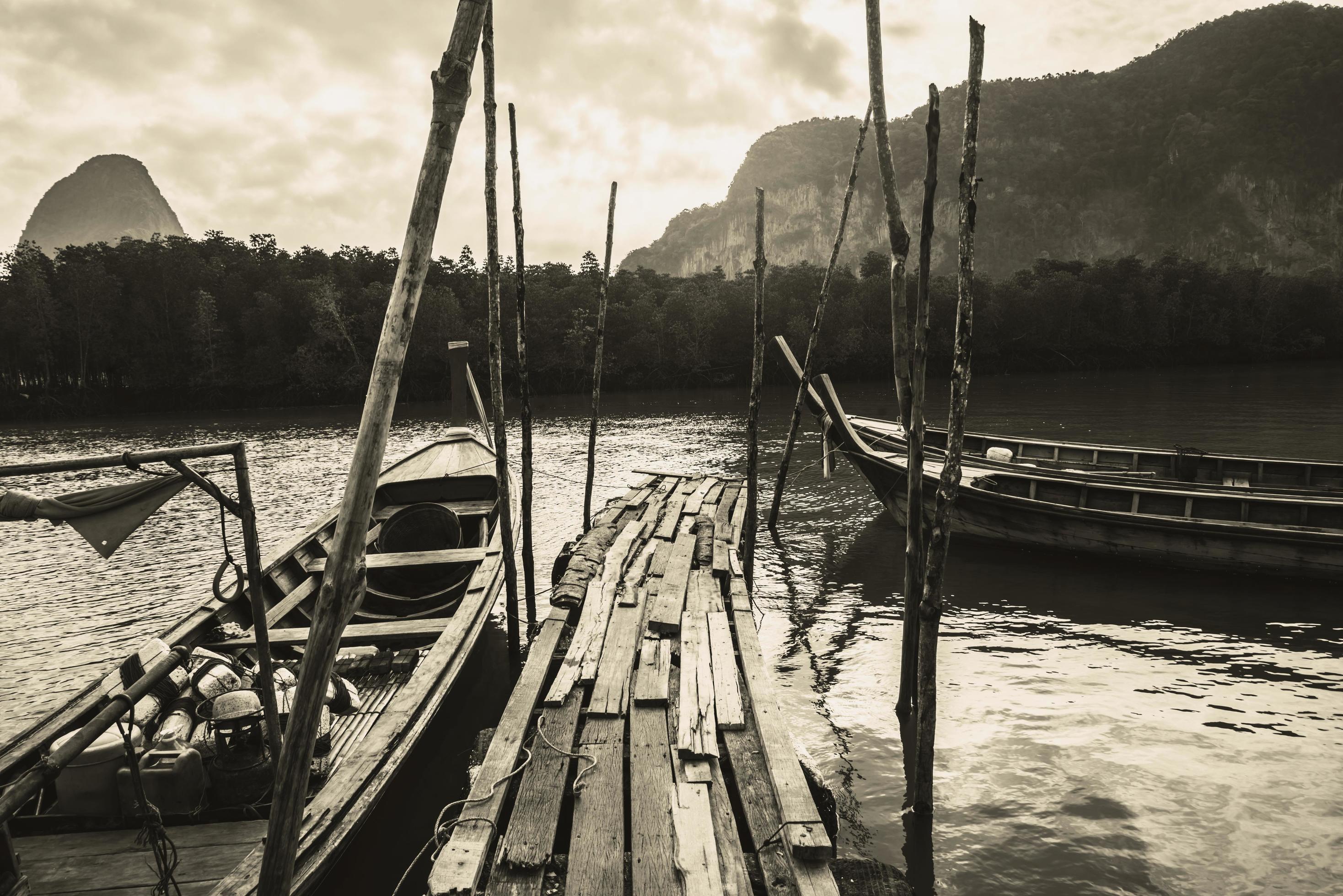 background landscape. The fishing village life style black and white picture. Stock Free