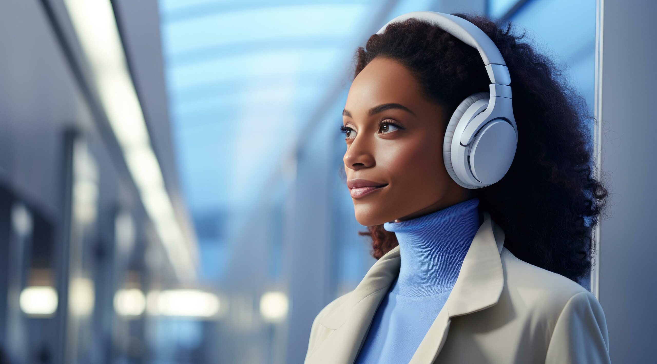 women wearing bluetooth headphones in the office Free Photo