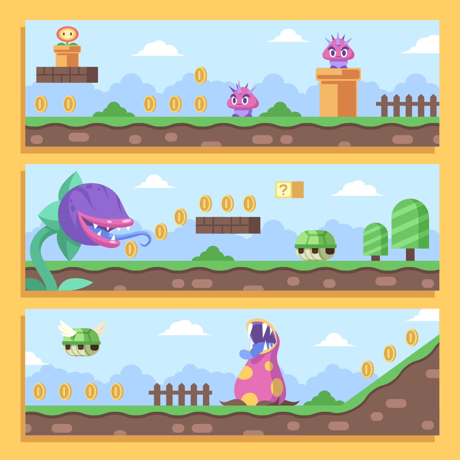 Adventure Game with Monster Plants and Turtle Banner Free Vector