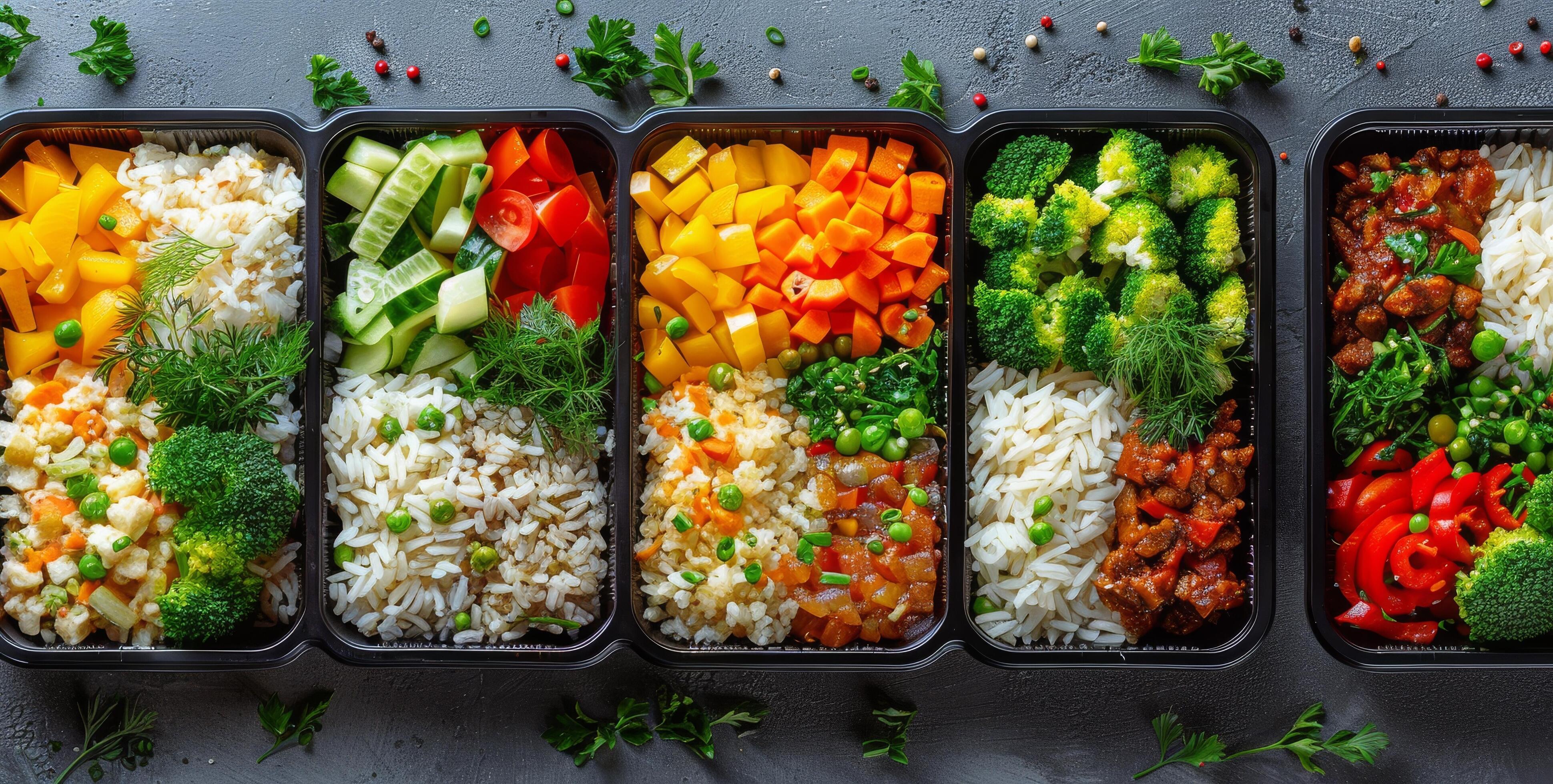 Prepared Meal Containers With Various Vegetables, Rice, and Protein Stock Free