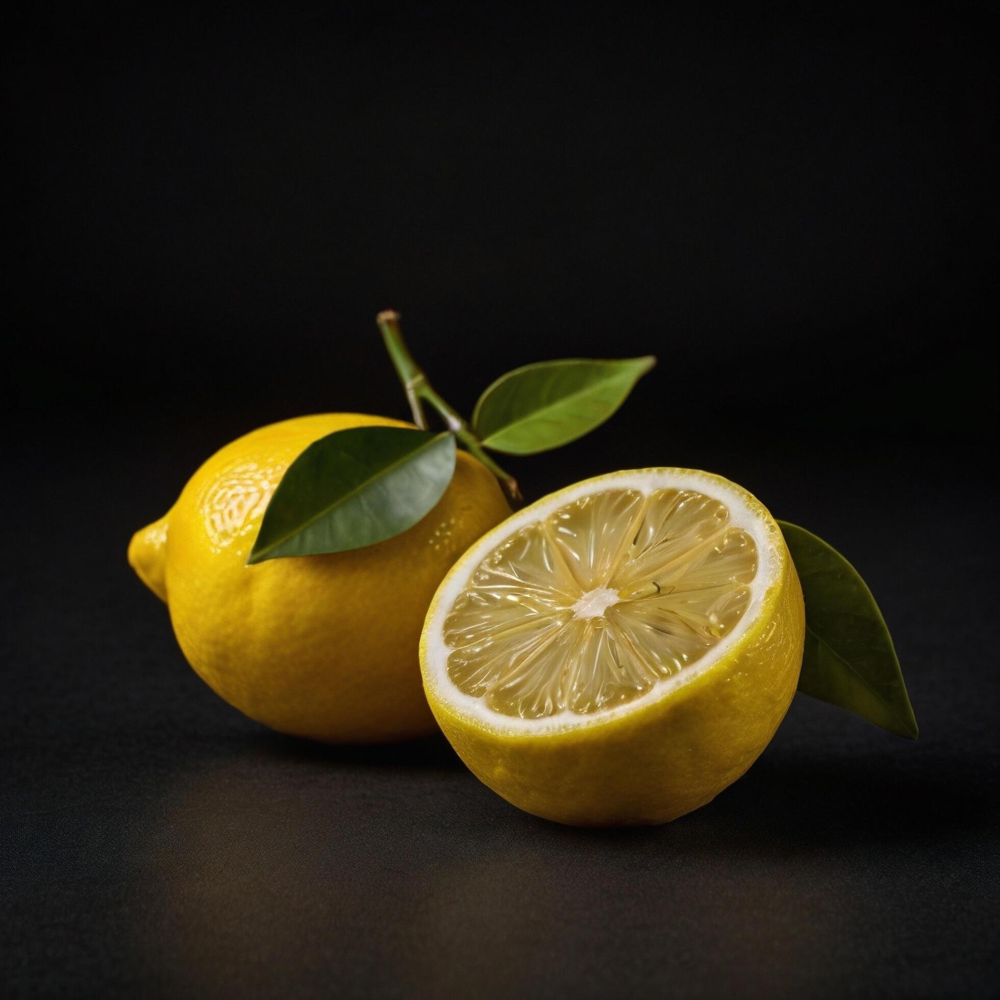 Yellow Sour Fruity Lemon citrus fruit black background Stock Free