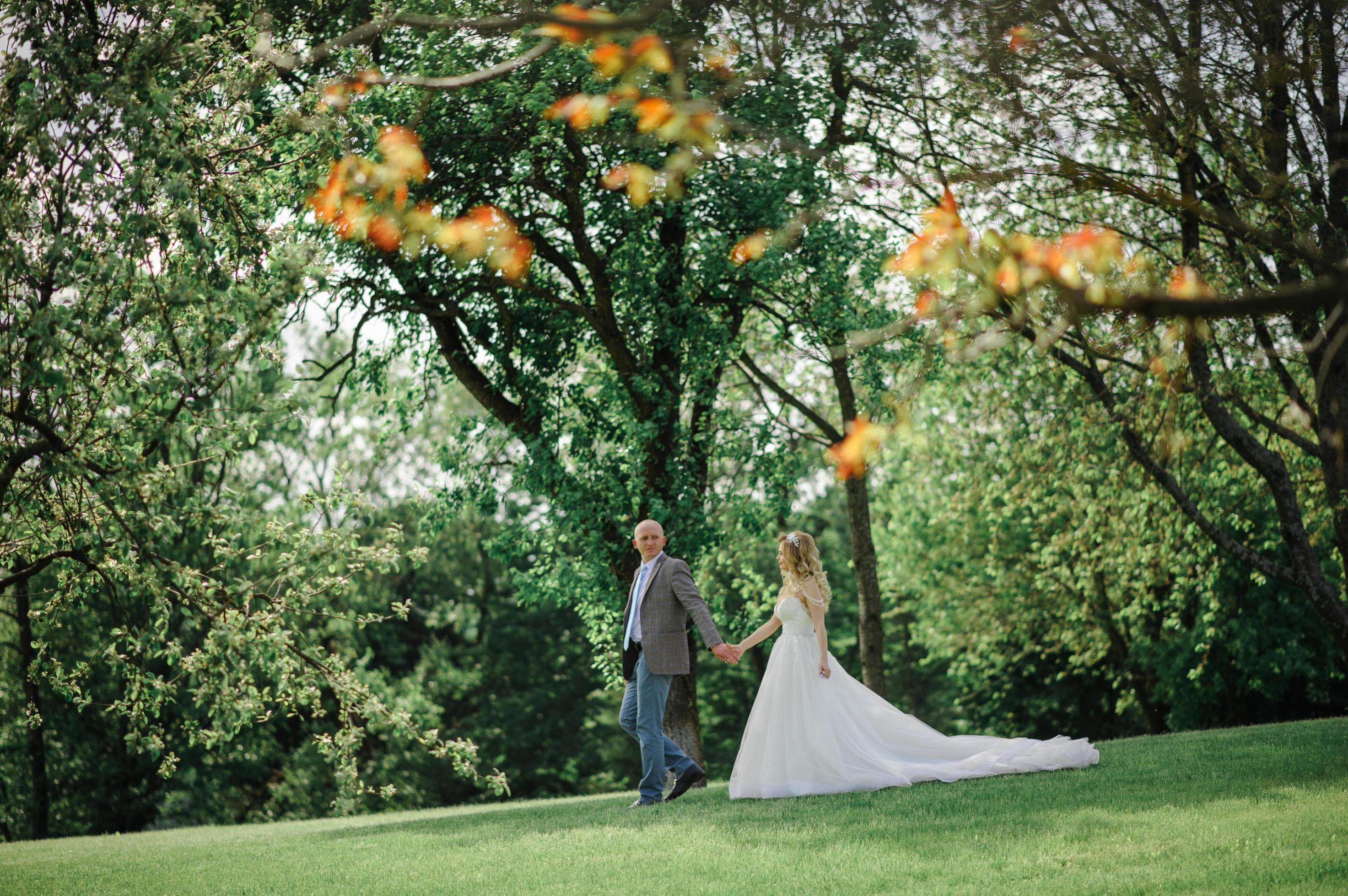 The bride and groom hold each other’s hands. A man and a woman look into each other’s eyes. Stock Free