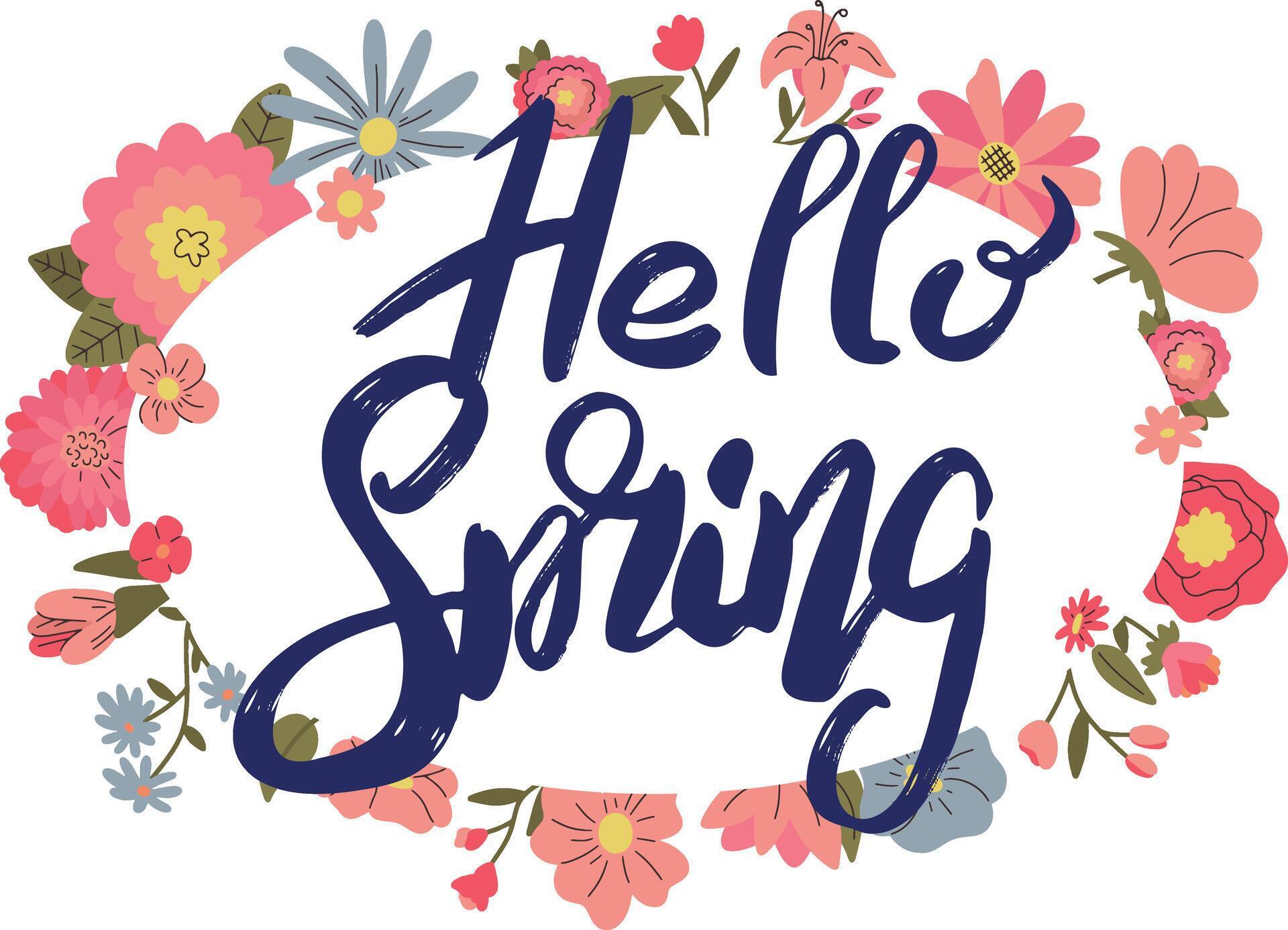 spring lettering and cute card template with hand drawn rustic flowers Stock Free