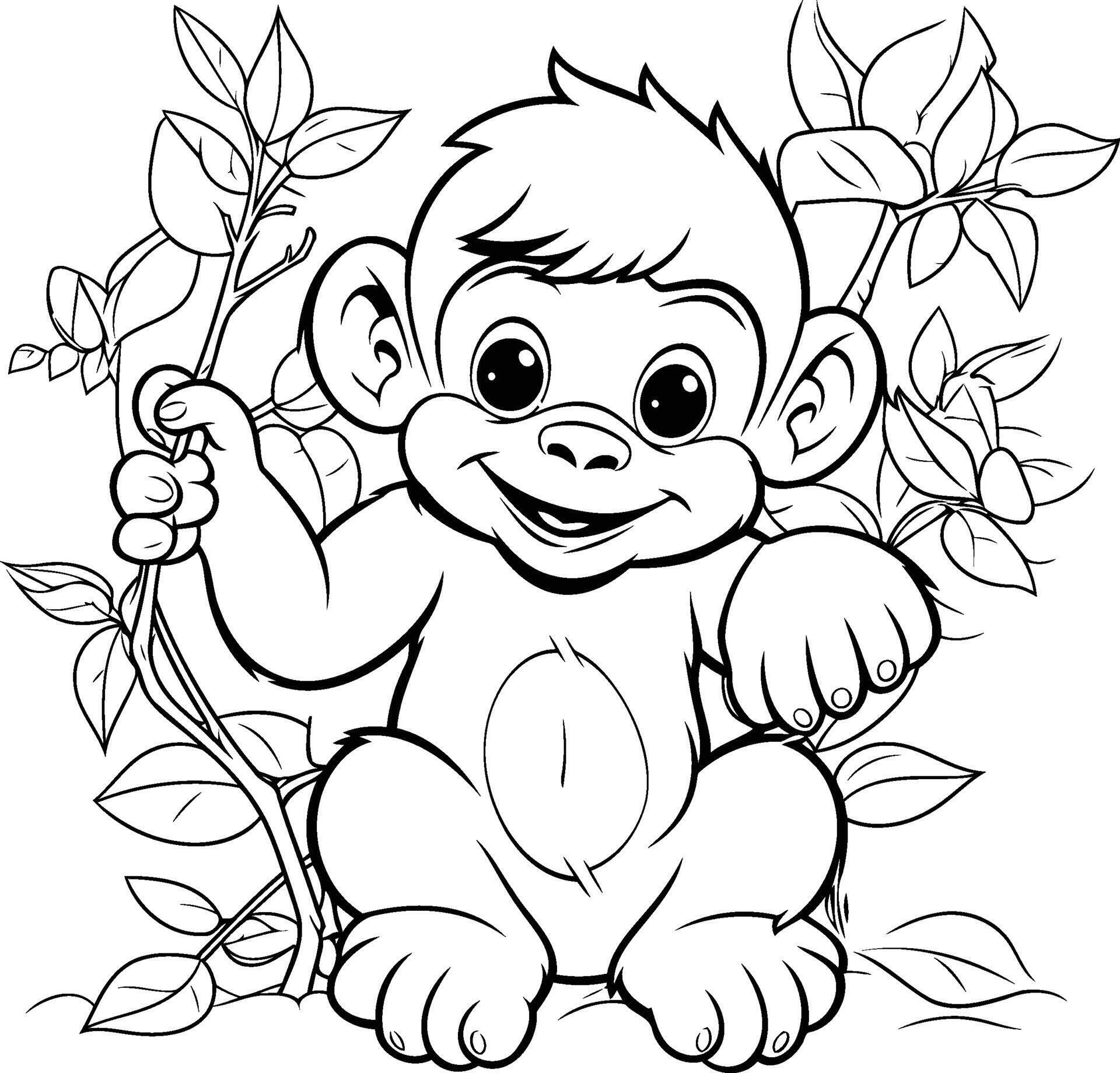 Coloring book for children baby monkey with a branch of flowers Stock Free