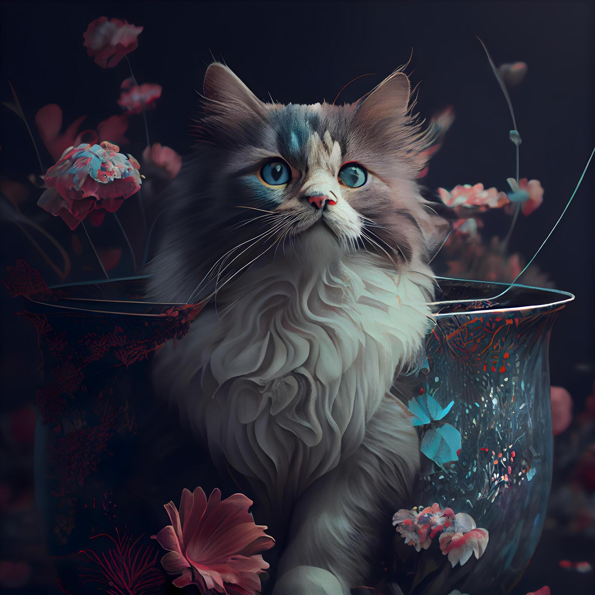 Siberian cat sitting in a pot with flowers on a dark background, Image Stock Free