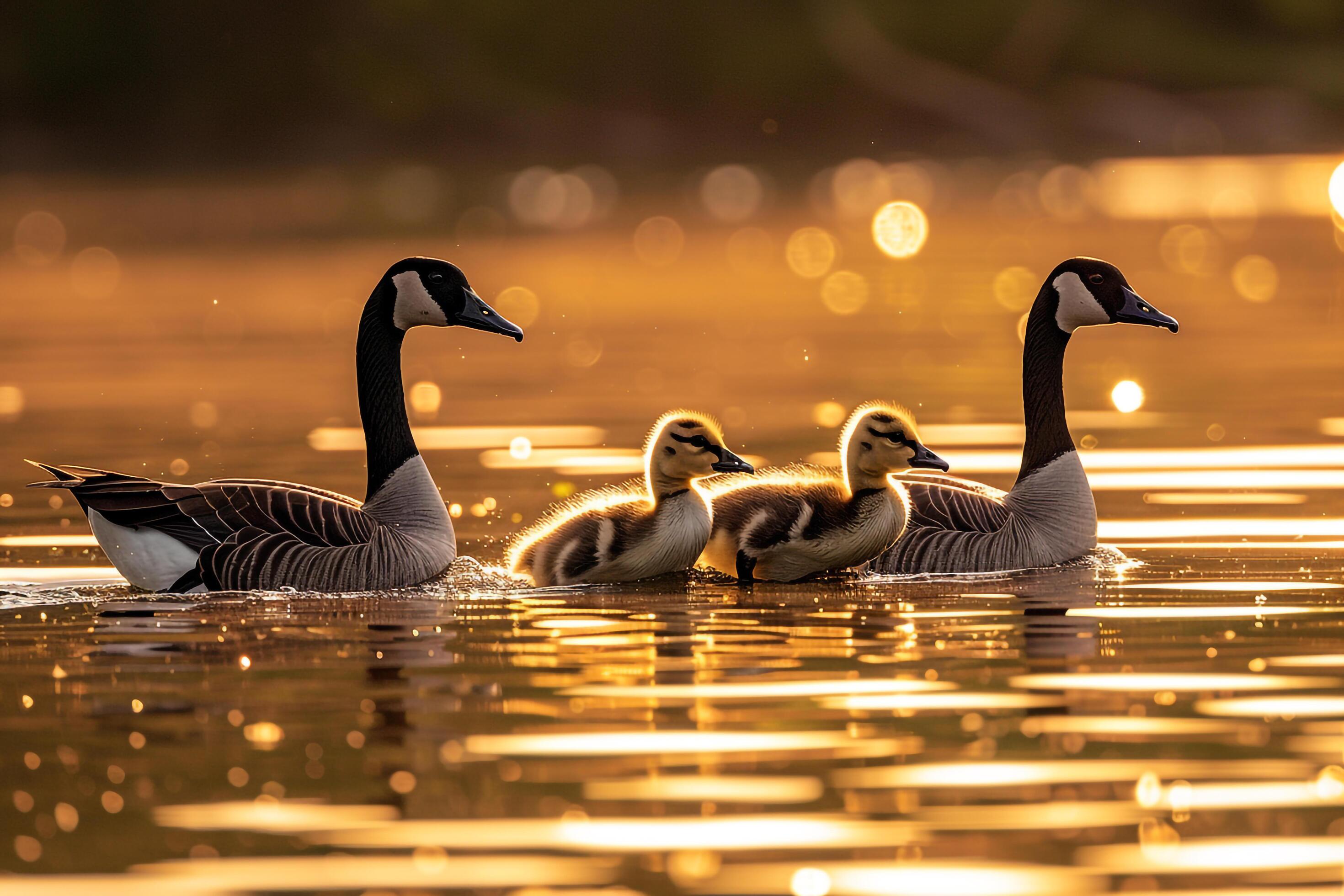 Canada Goose Family Gliding on Lake Surface Nature Background Stock Free